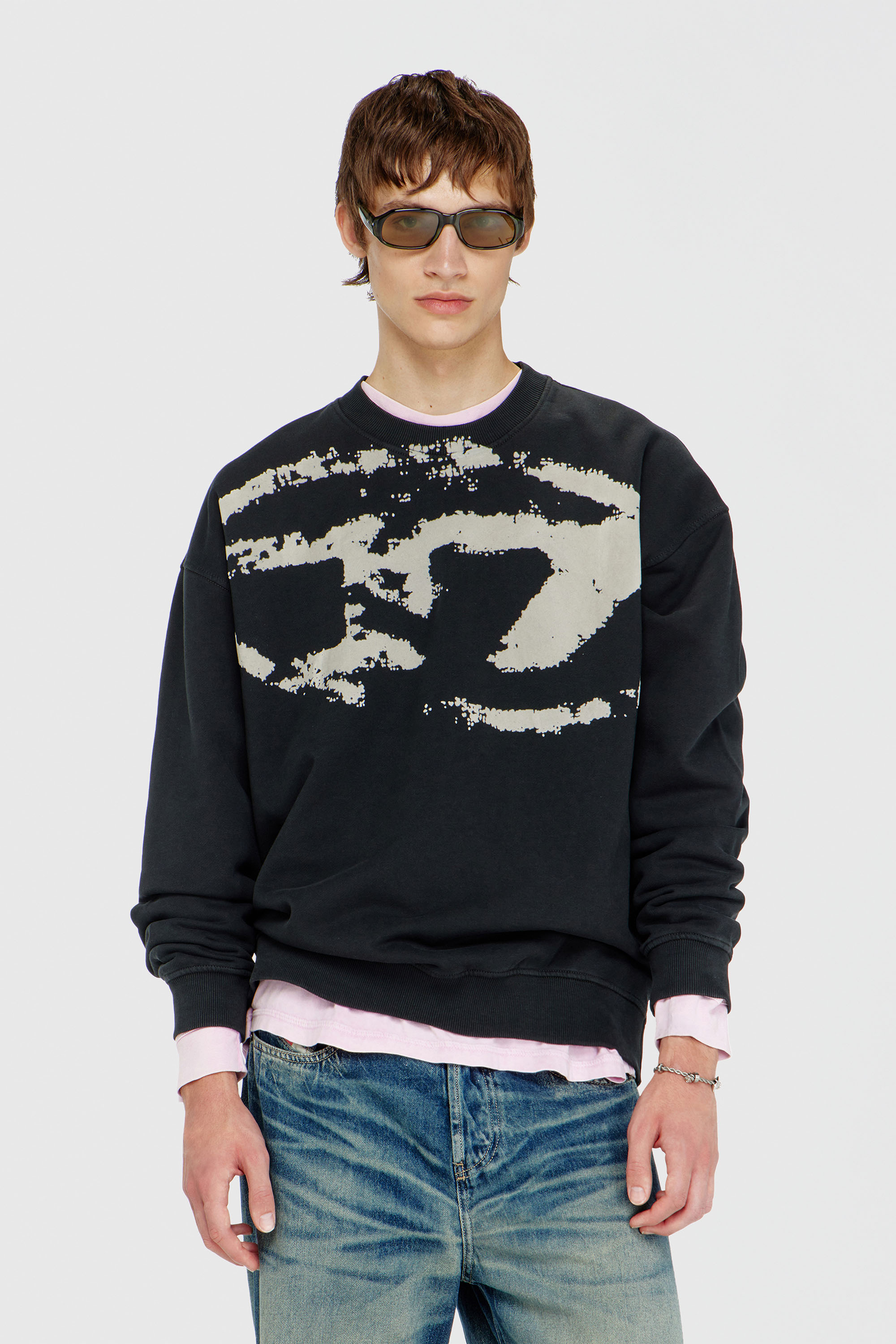 Diesel - S-BOXT-N5, Felpa in cotone con logo Oval D floccato Uomo in Nero - 3