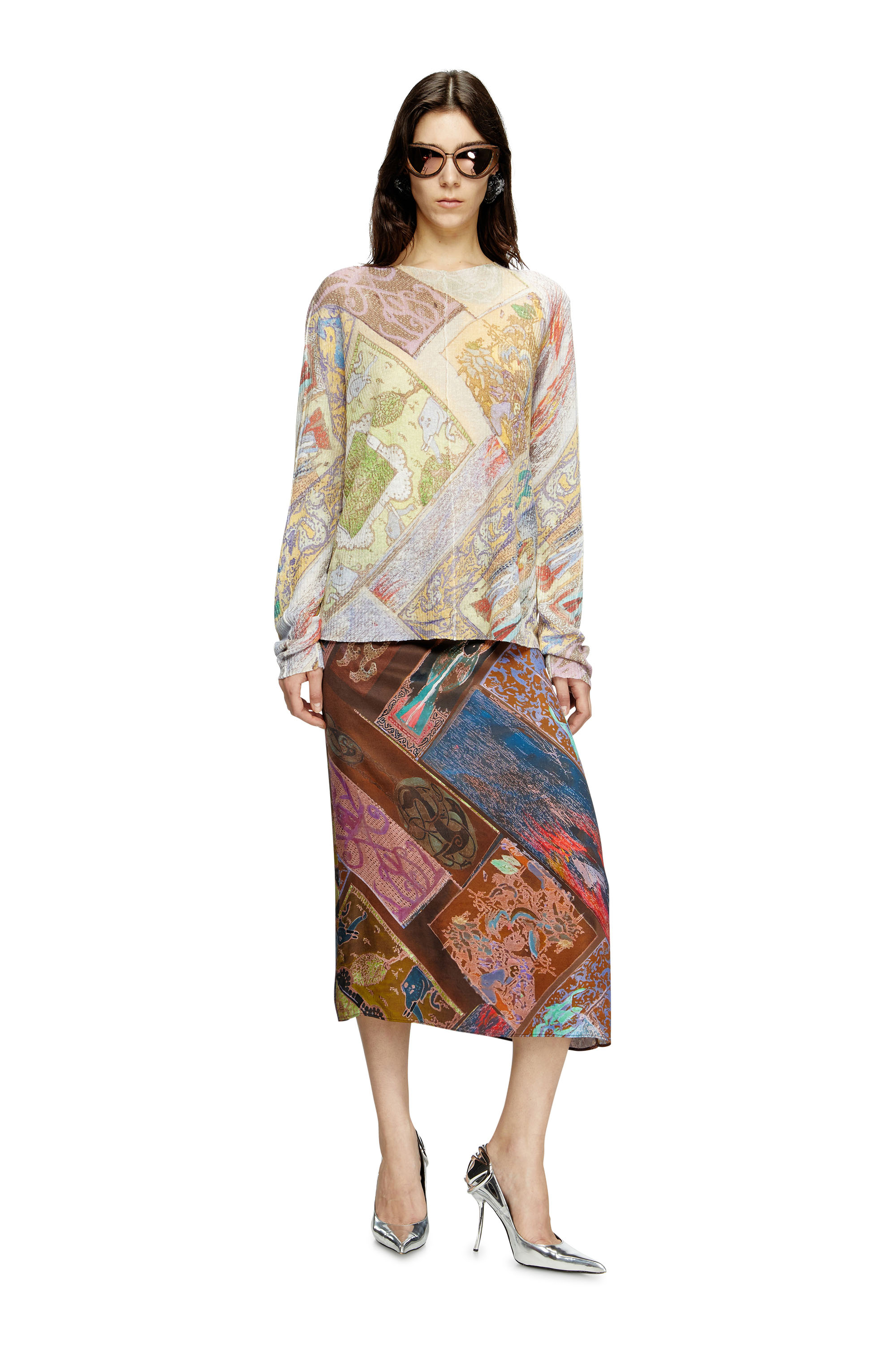 Diesel - O-RCHID, Gonna midi in viscosa con stampa araldica Donna in Marrone - 2