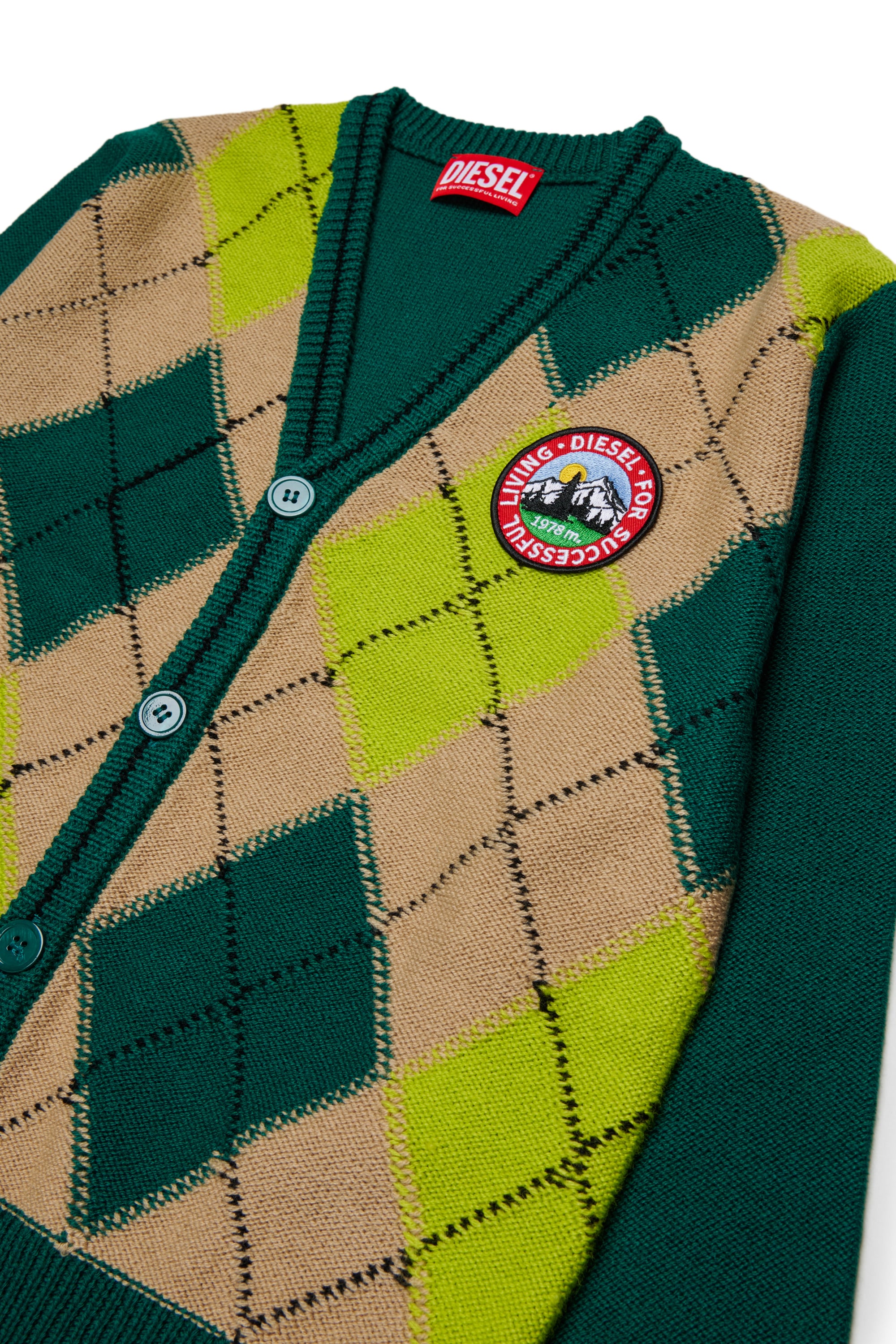Diesel - KROMYCARDIGAN OVER, Cardigan in misto lana con motivo argyle Unisex in Verde - 3