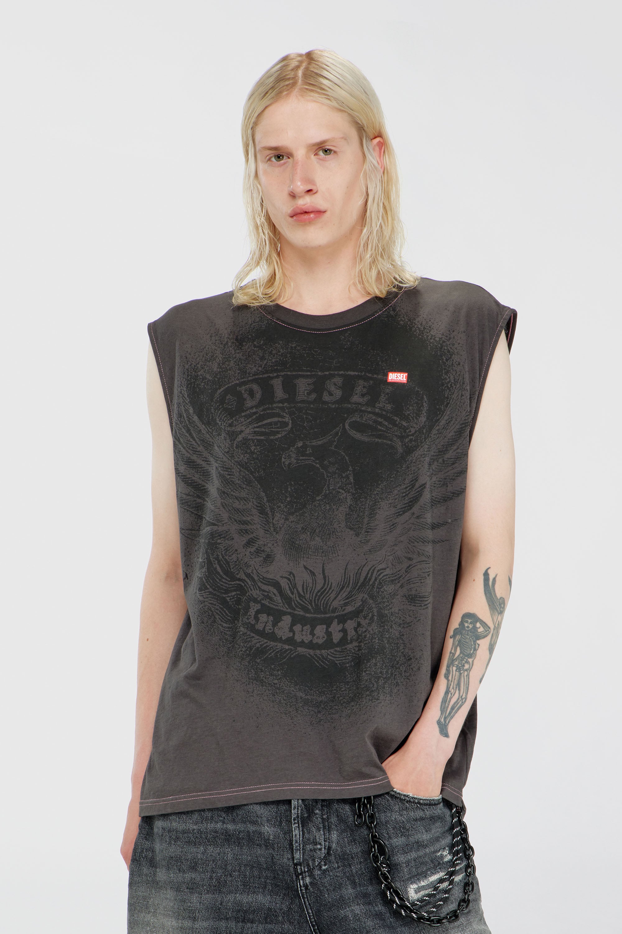 Diesel - T-BOXT-SL-NOTCH, Top senza maniche in cotone con grafica tono su tono Uomo in Grigio - 1