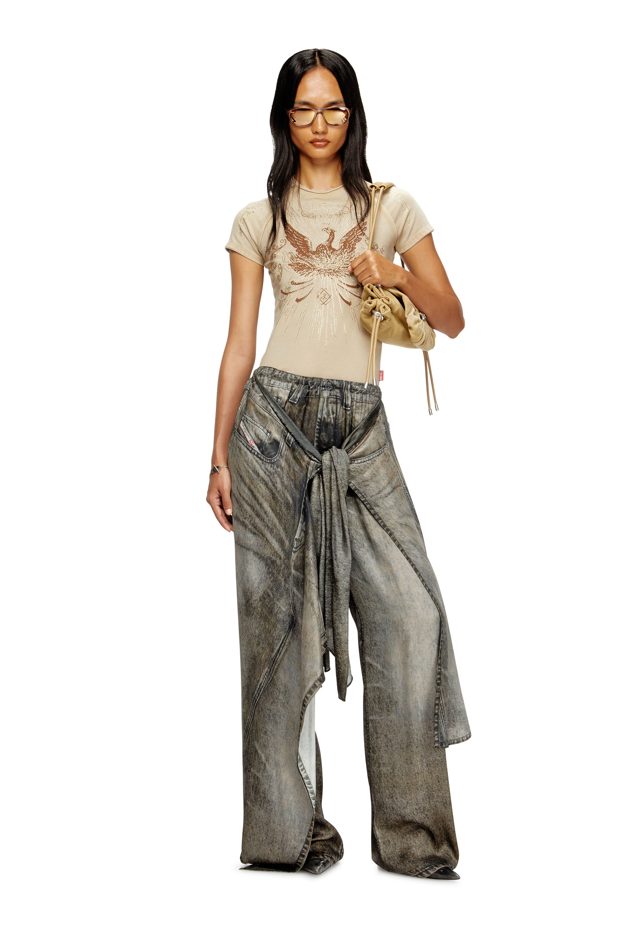 Diesel - T-ROWEENA, T-shirt Phoenix con strass Donna in Marrone - 2
