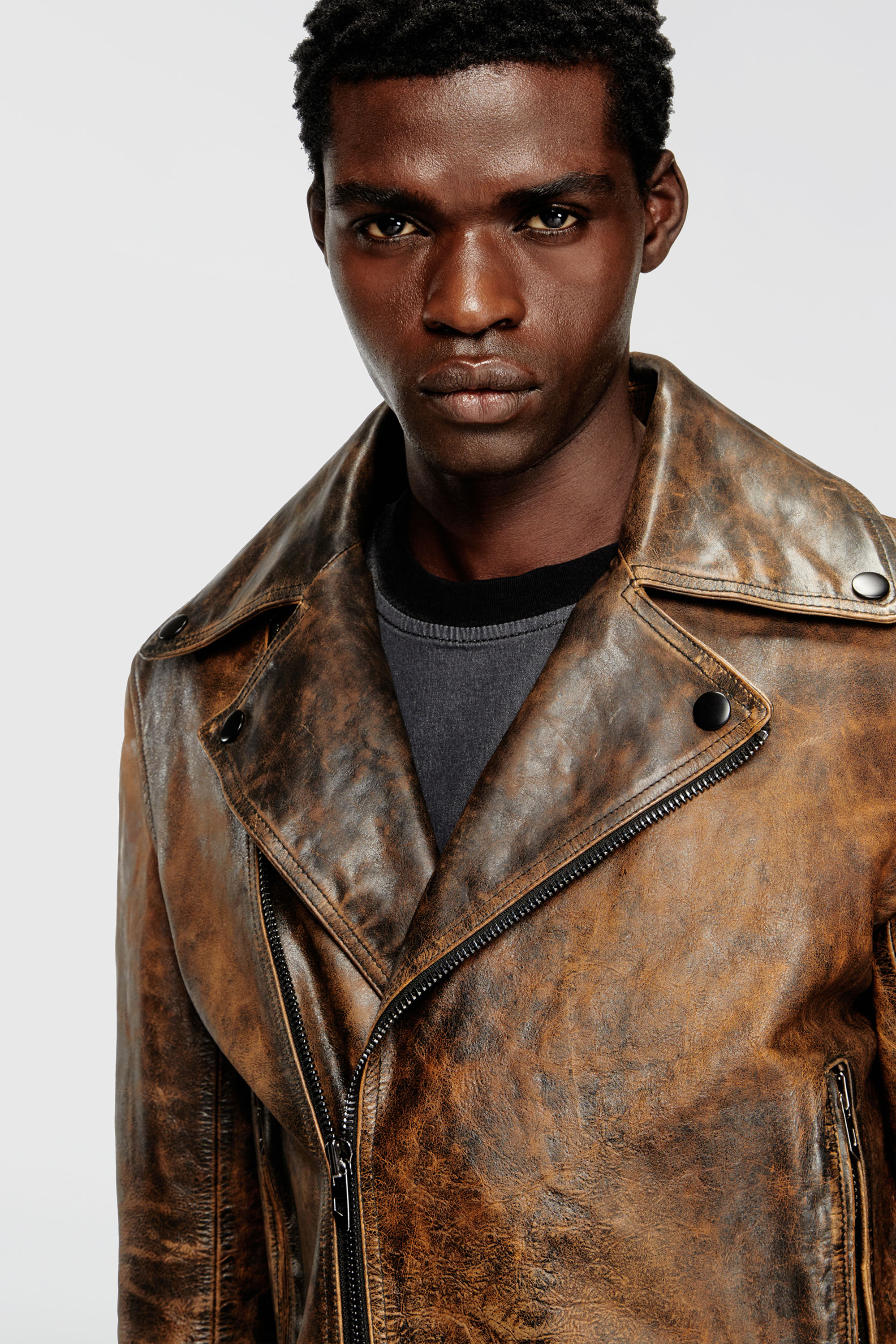 Diesel - L-EON, Man's Biker jacket in treated leather in Brown - 5