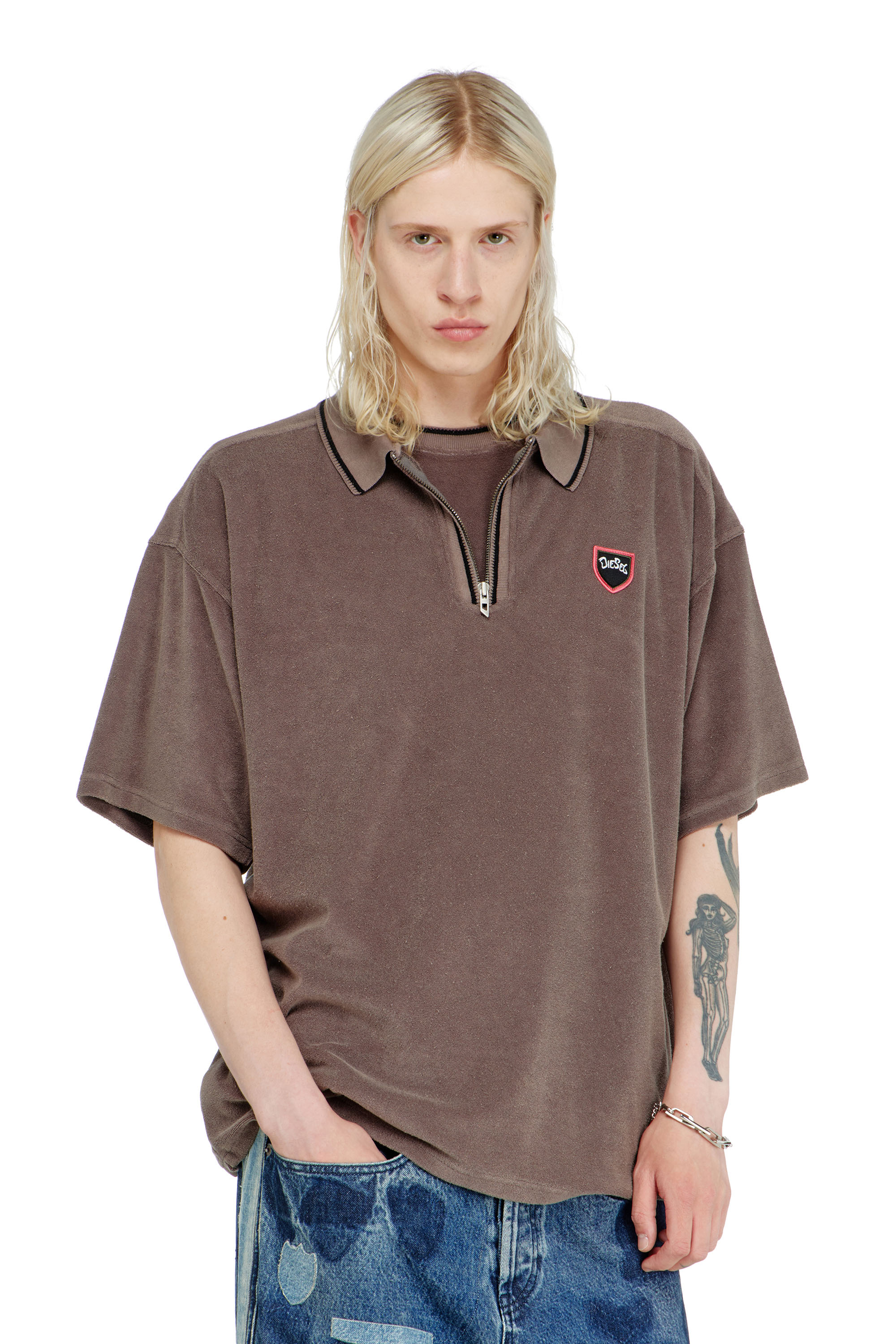 Diesel - T-SPONGY-ZIP, Man's Chenille polo shirt with shield patch in null - 3