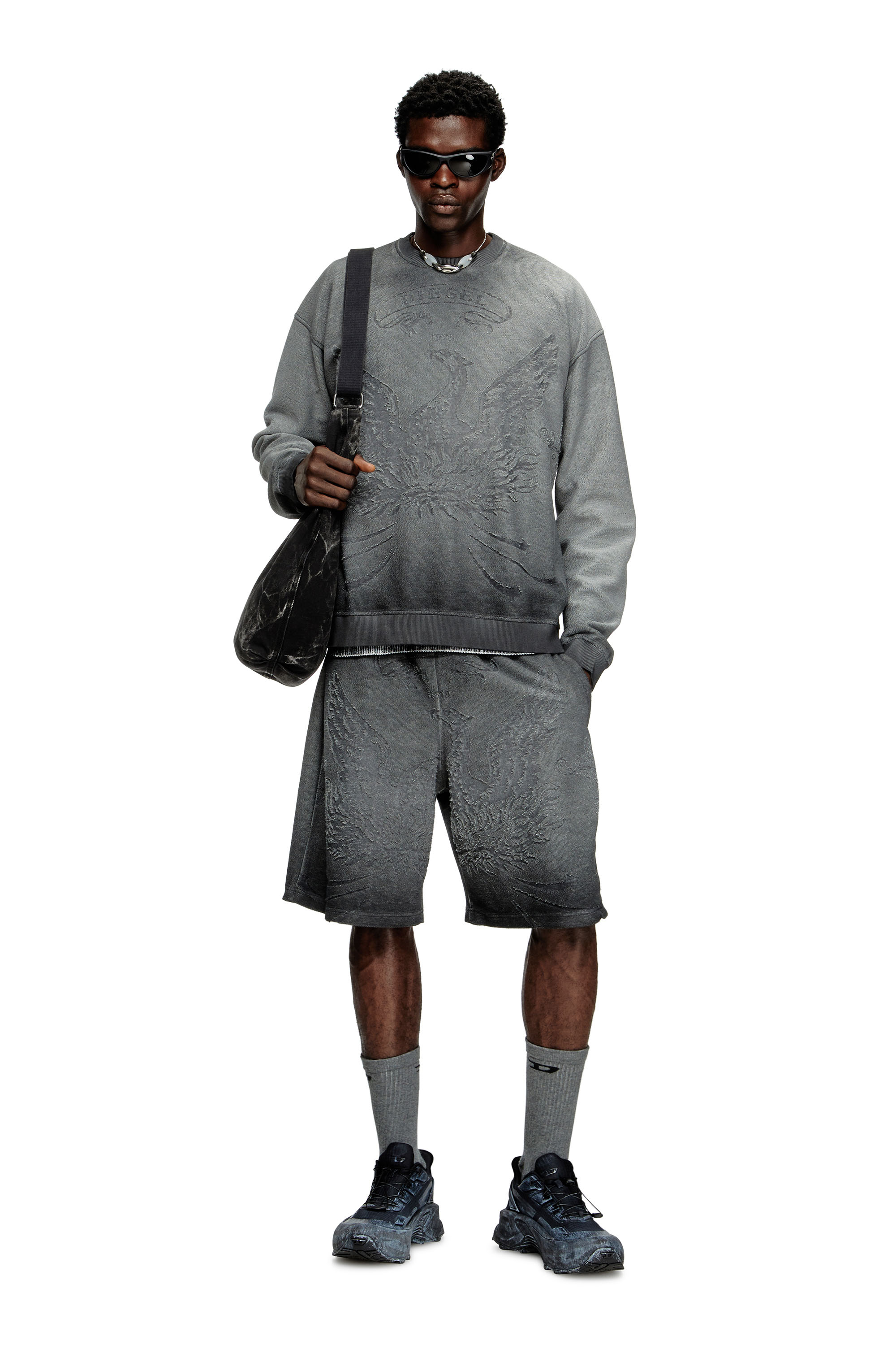 Diesel - S-ARON, Felpa sfumata con logo Phoenix devoré Uomo in Grigio - 1