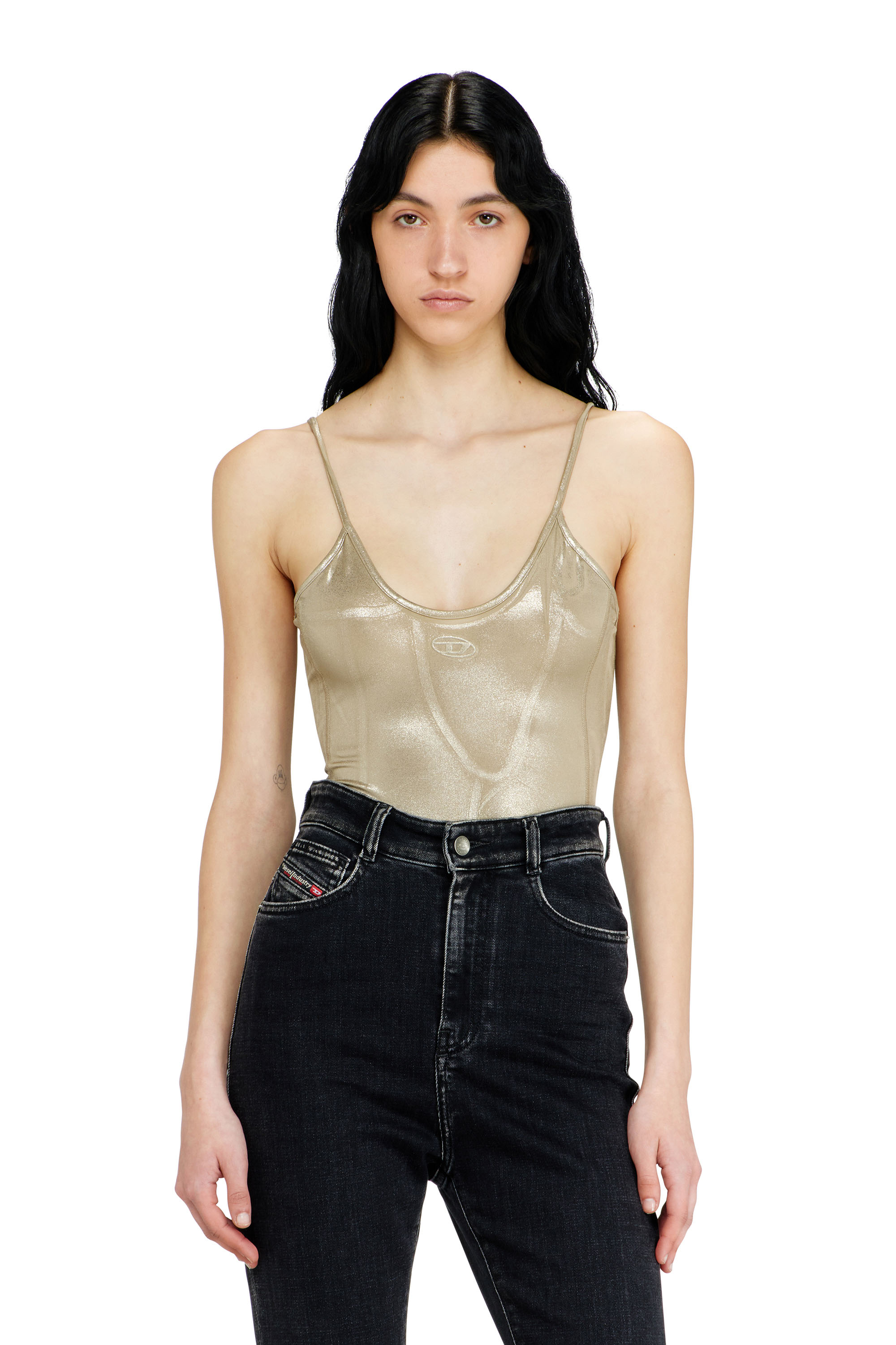 Diesel - T-IMYNY, Body in jersey lucido con girocollo Donna in Beige - 1