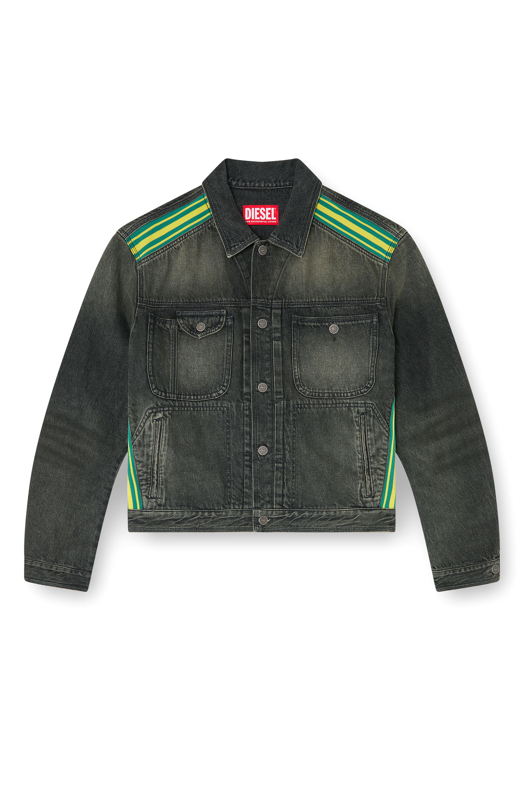 Diesel - D-BAS-FSJ1, Giacca trucker con bande a righe sulle spalle Uomo in Nero - 2