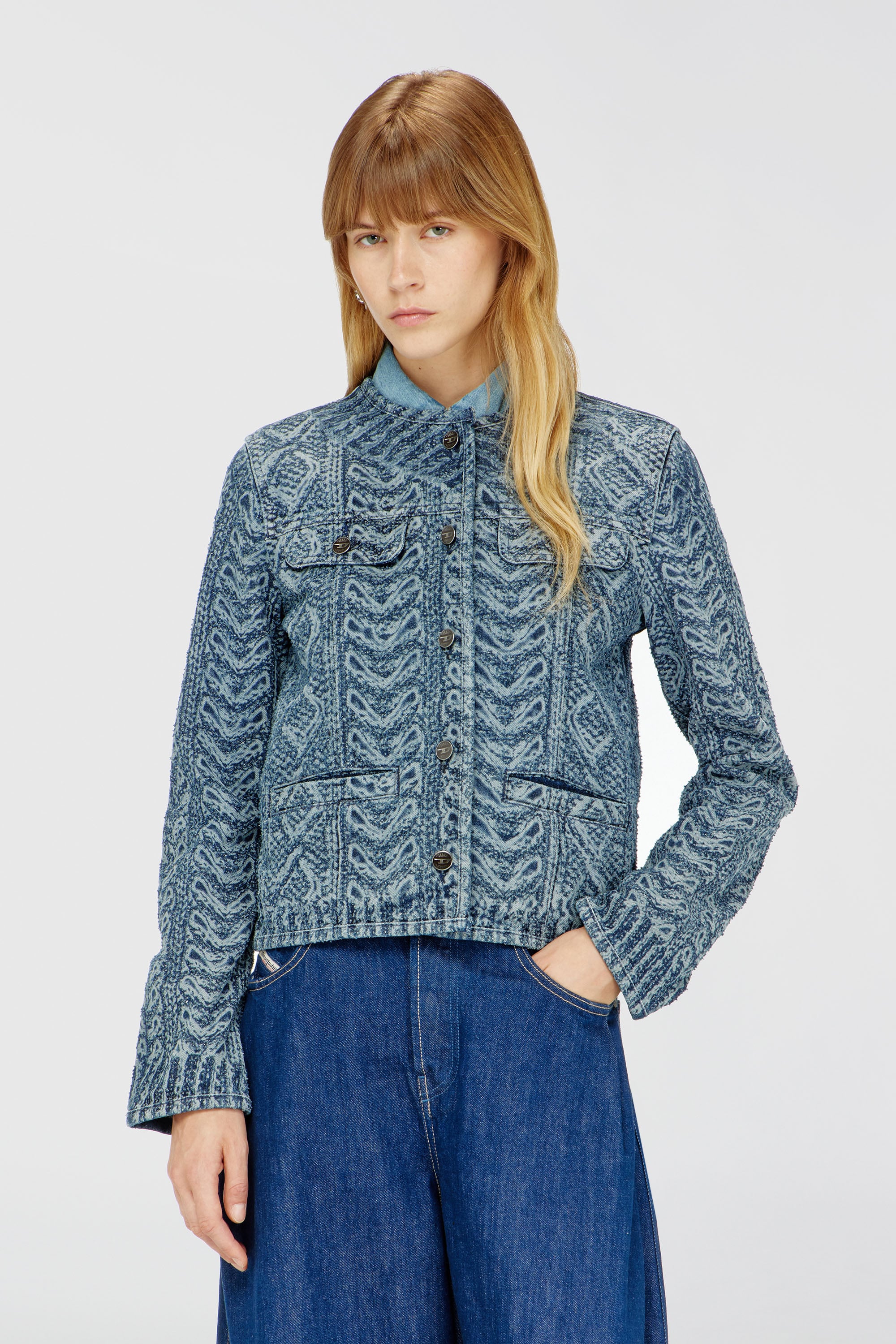 Diesel - DE-GRAFY-S2, Giacca senza collo in denim effetto maglia a trecce Donna in Blu - 1