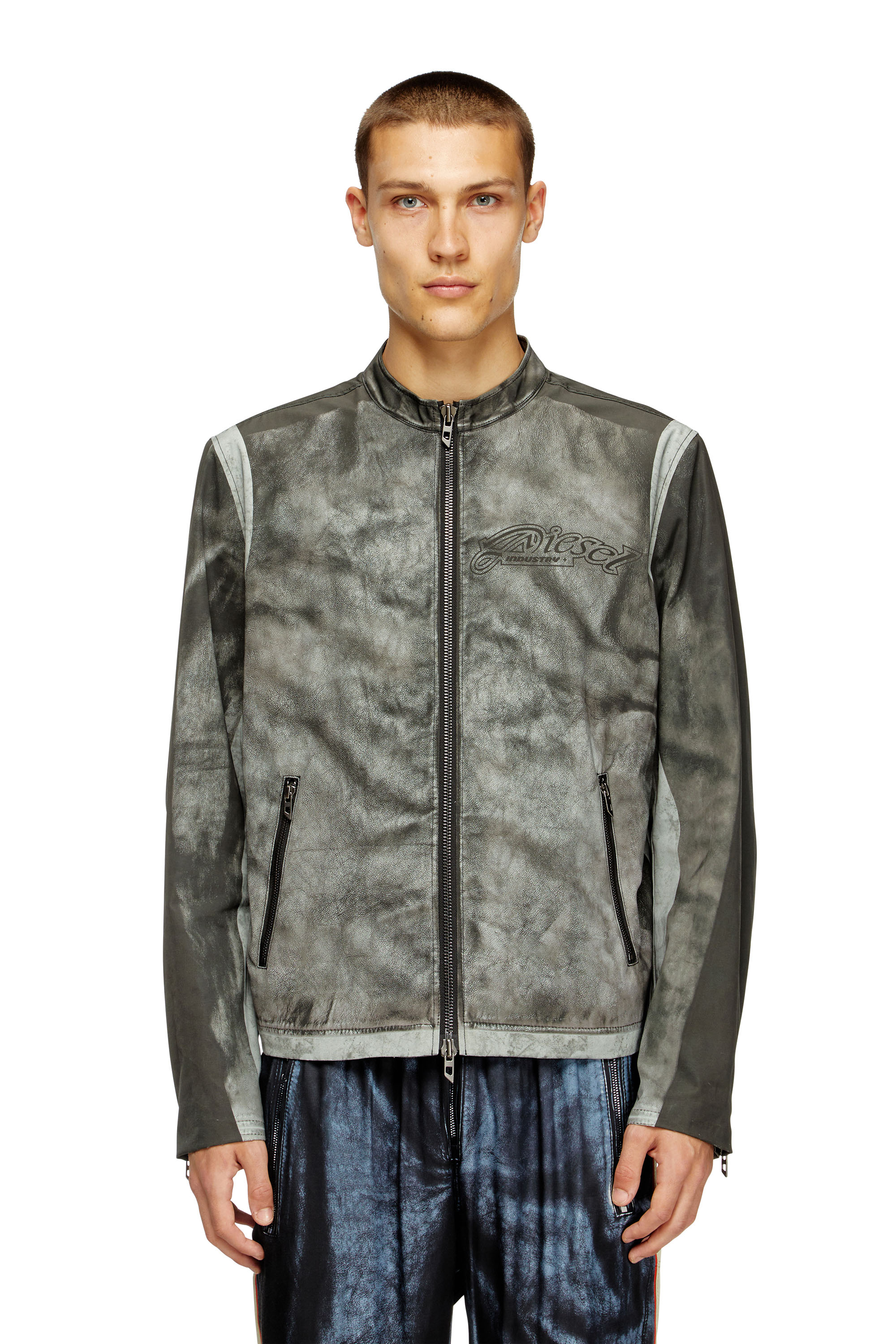 Diesel - J-EVERT, Giacca biker in canvas stampata Uomo in Grigio - 3