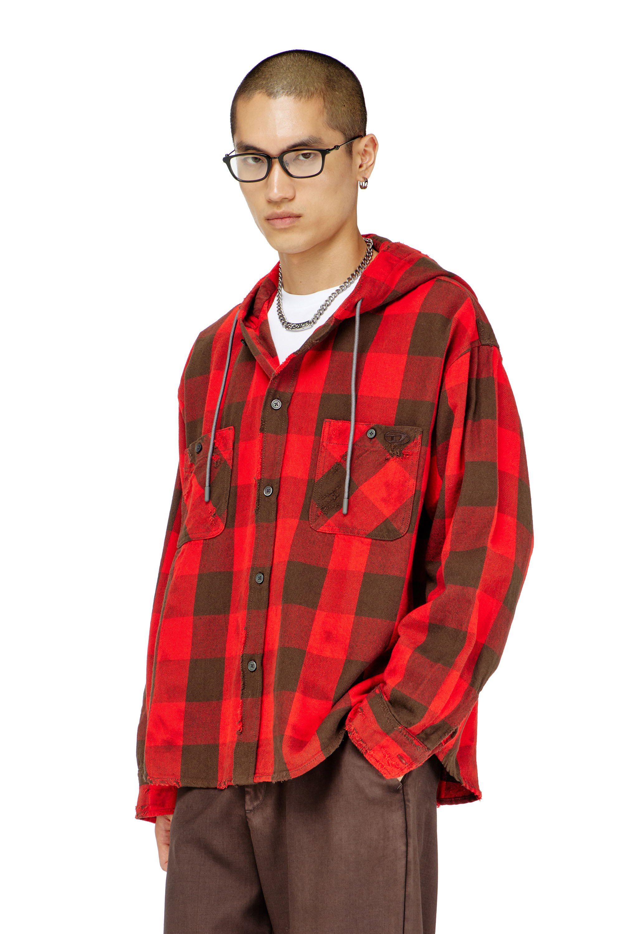 Diesel - S-DRUM-HOODY, Camicia con cappuccio effetto distressed in flanella a quadri Uomo in ToBeDefined - 3