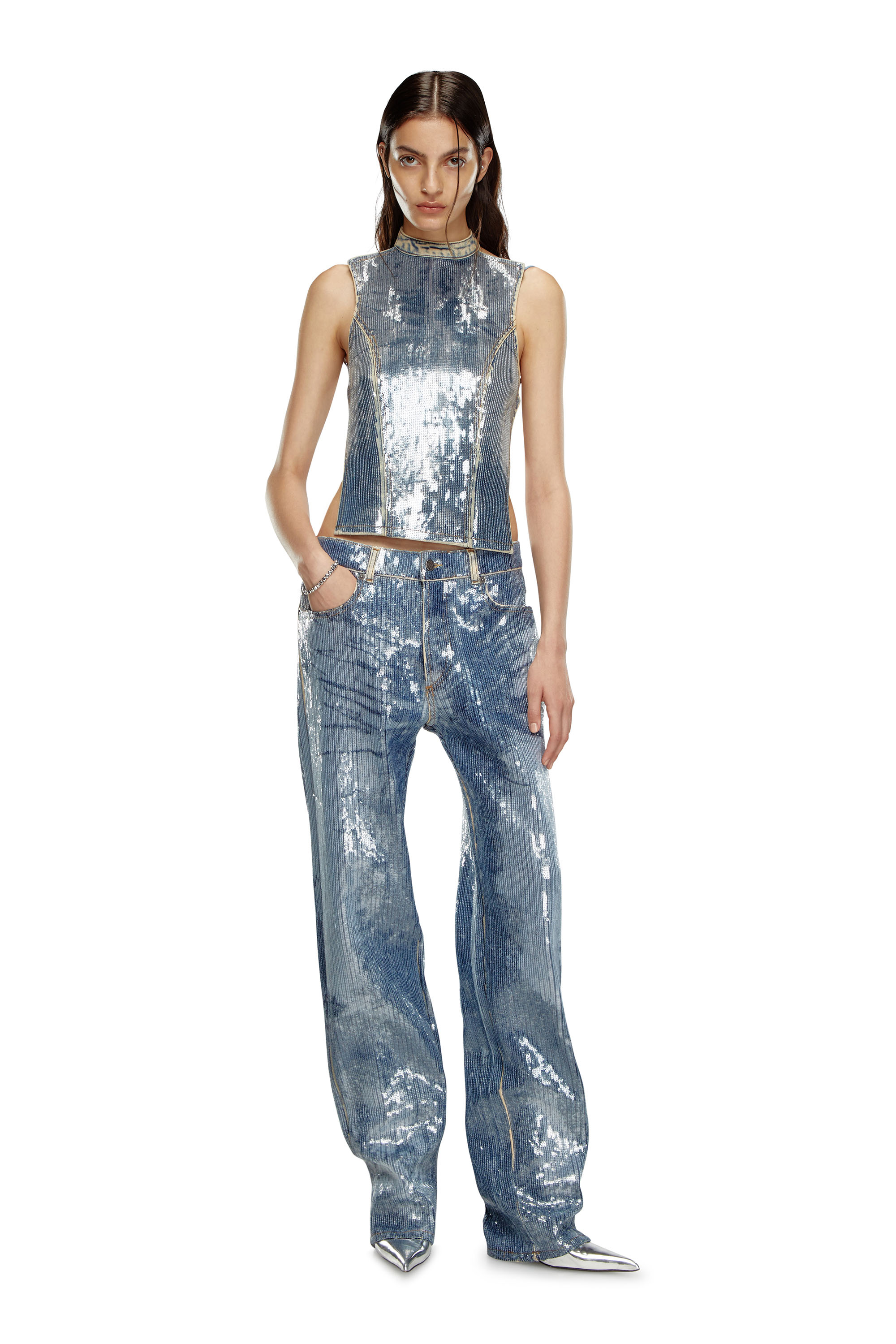 Diesel - DE-CAMY-S, Top con schiena scoperta in denim con paillette Donna in Blu - 2