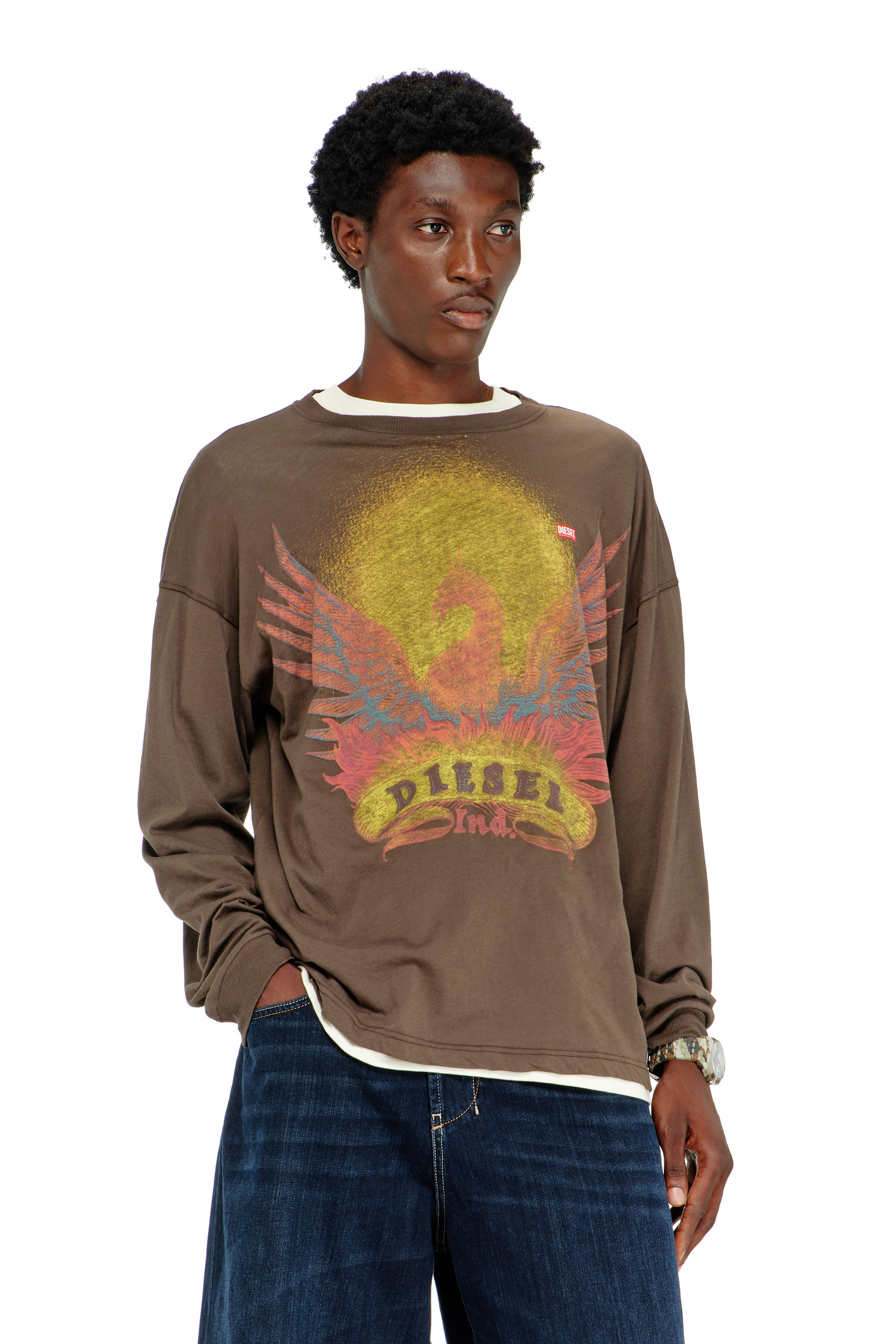 Diesel - T-BOXT-LS-AA1, T-shirt a manica lunga con grafica Phoenix Uomo in Marrone - 1