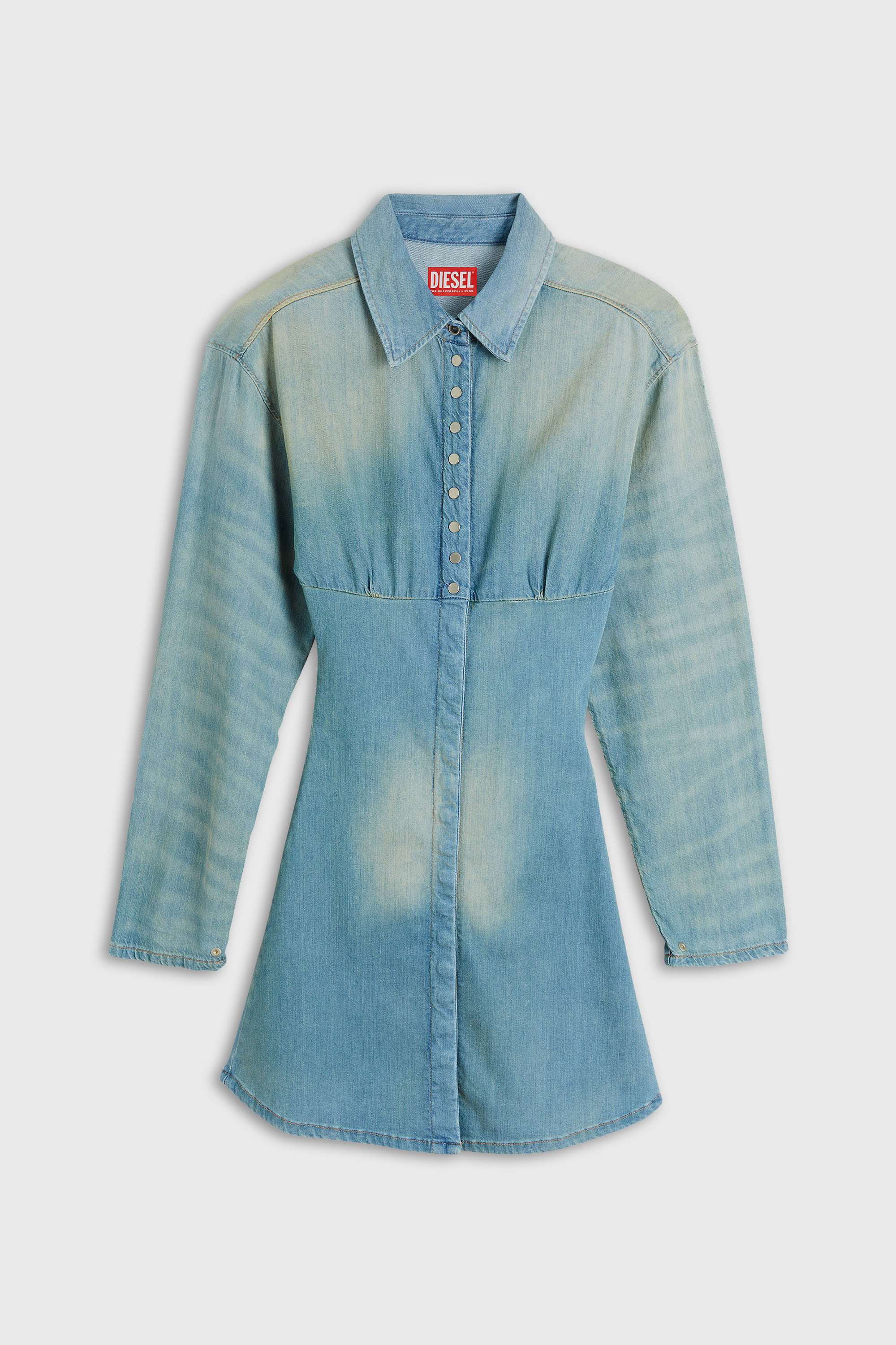 Diesel - DE-VIOLIM-S, Abito mini a camicia in denim con design a sezioni Donna in Blu - 2