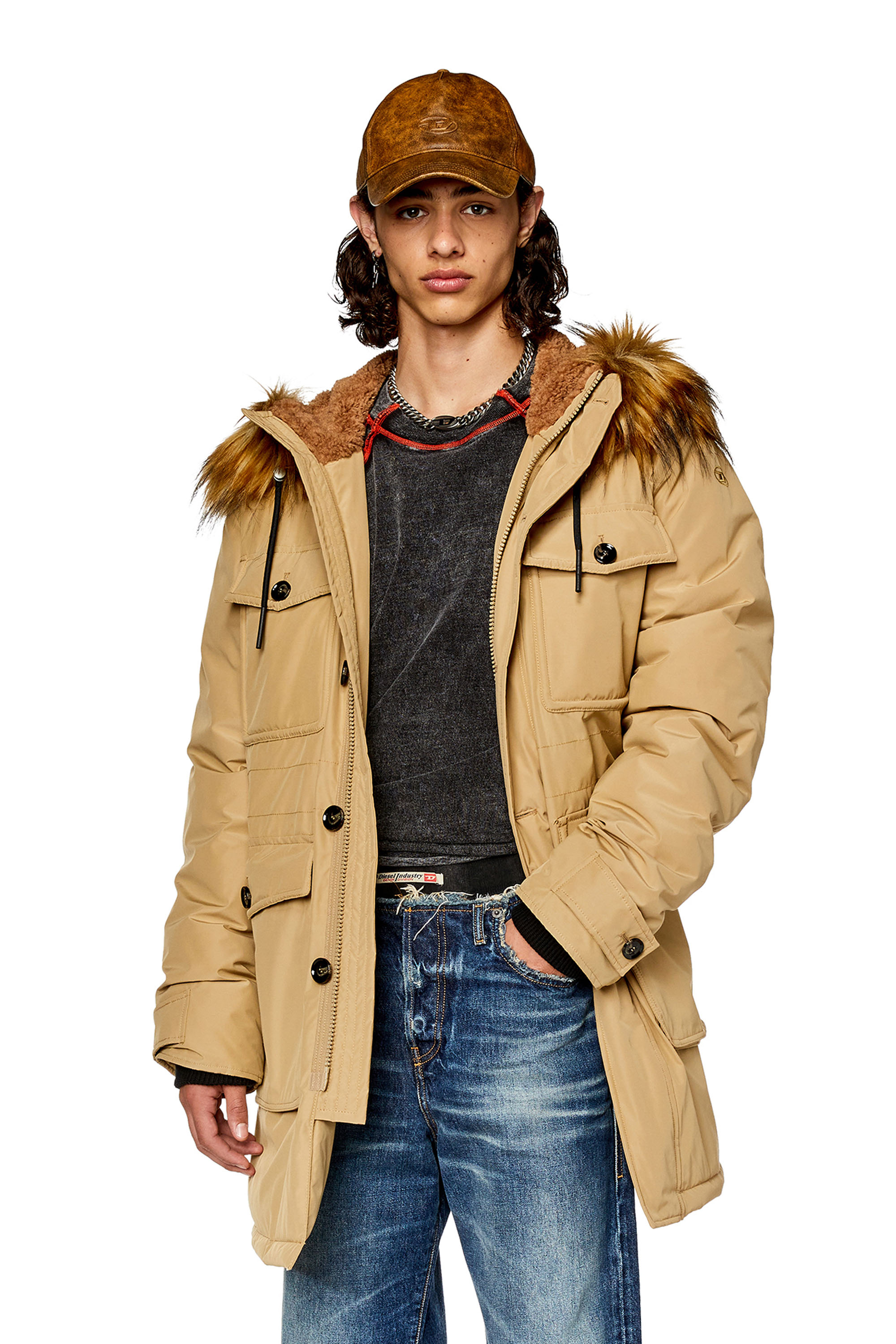 Diesel - W-JORGY, Parka imbottito con cappuccio bordato Uomo in Marrone - 3