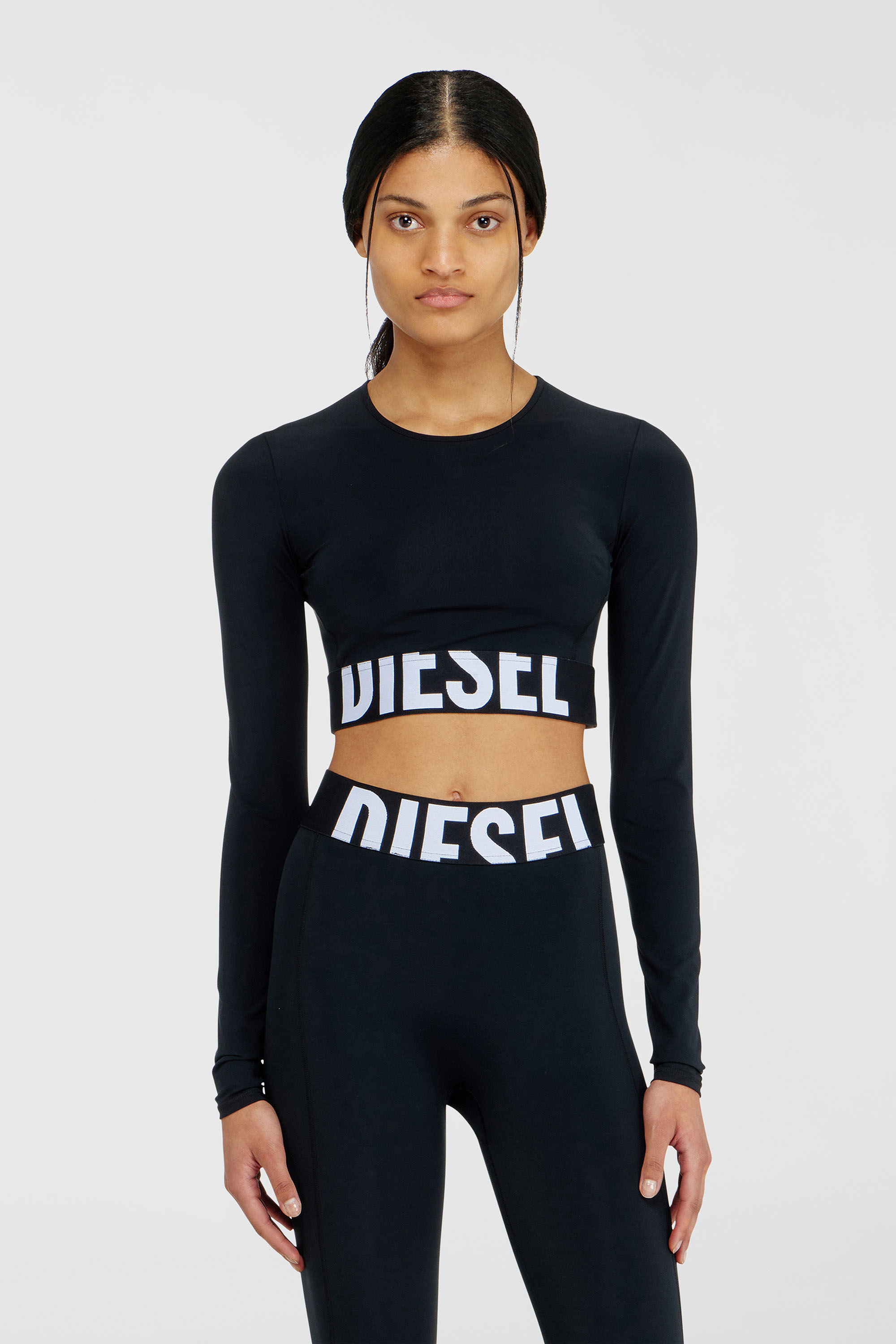 Diesel - MELISSA-D-POP, Crop top in microfibra con logo tagliato Donna in Nero - 3