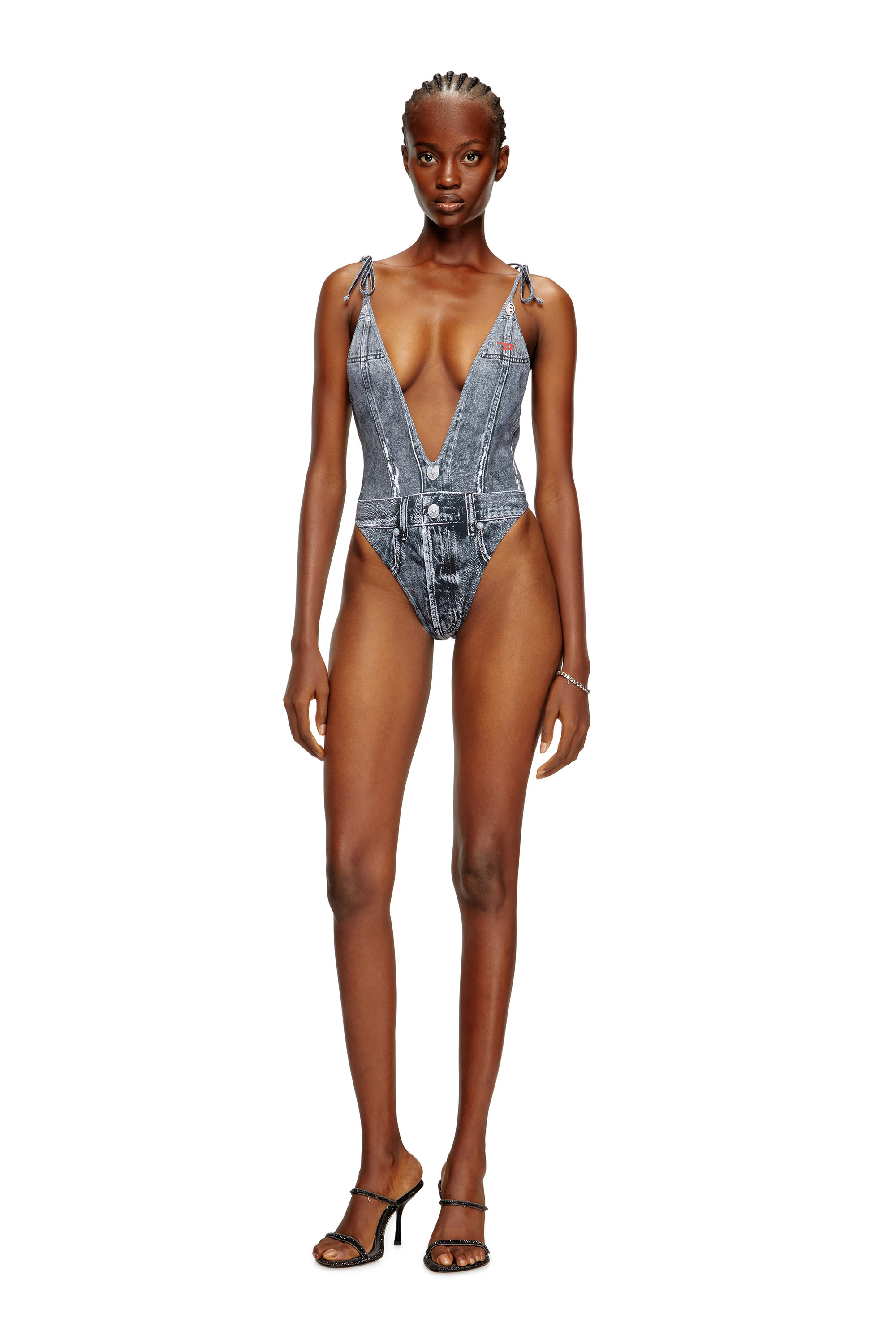 Diesel - KINSLEY-DNM, Woman's Plunging swimsuit with denim trompe l'oeil in Blue - 3