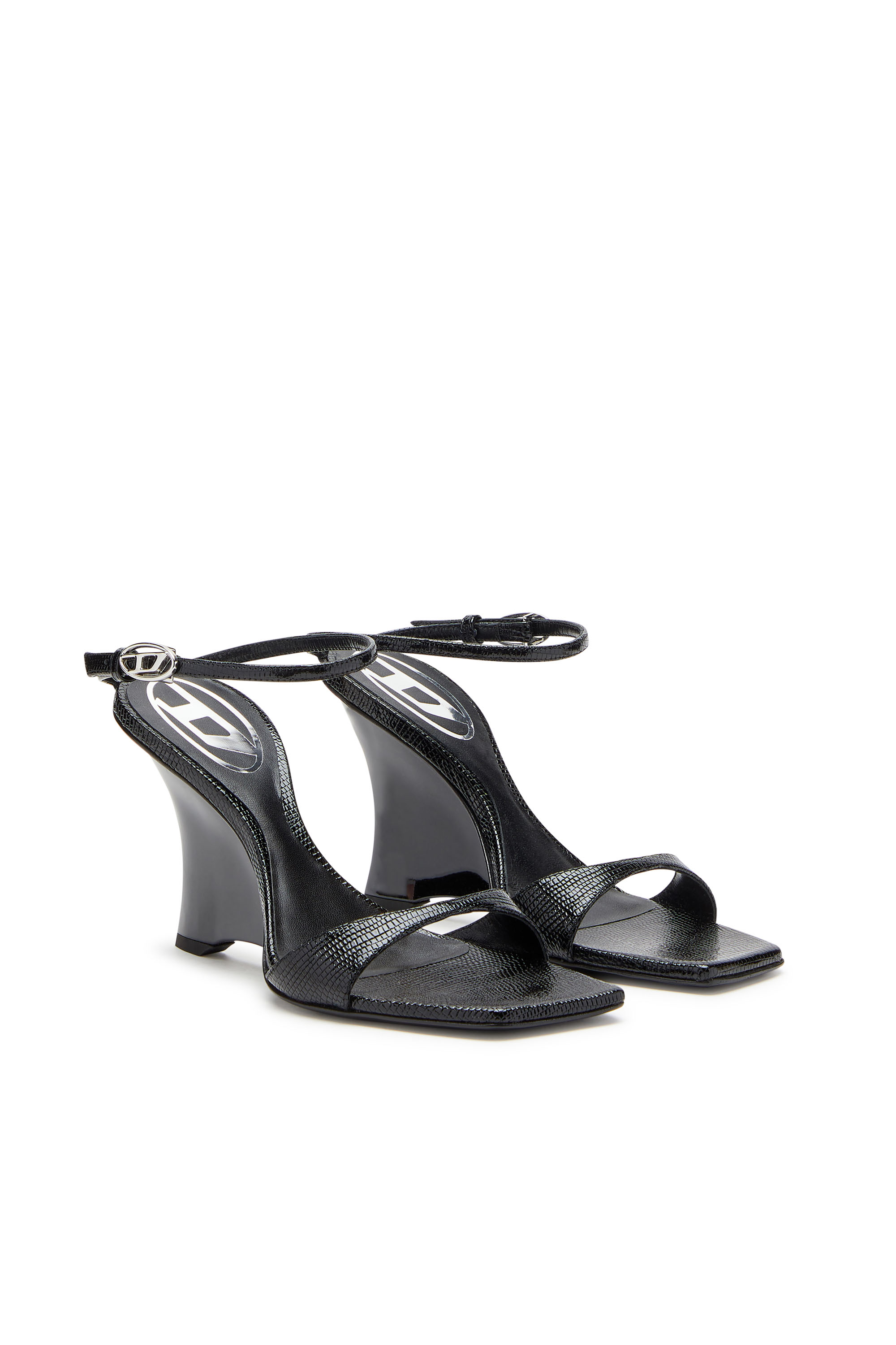 D-AMBER SANDAL WEDGE, Nero Diesel - D-AMBER SANDAL WEDGE, D-Amber-Sandali a zeppa in pelle effetto lucertola Donna in Nero - 2