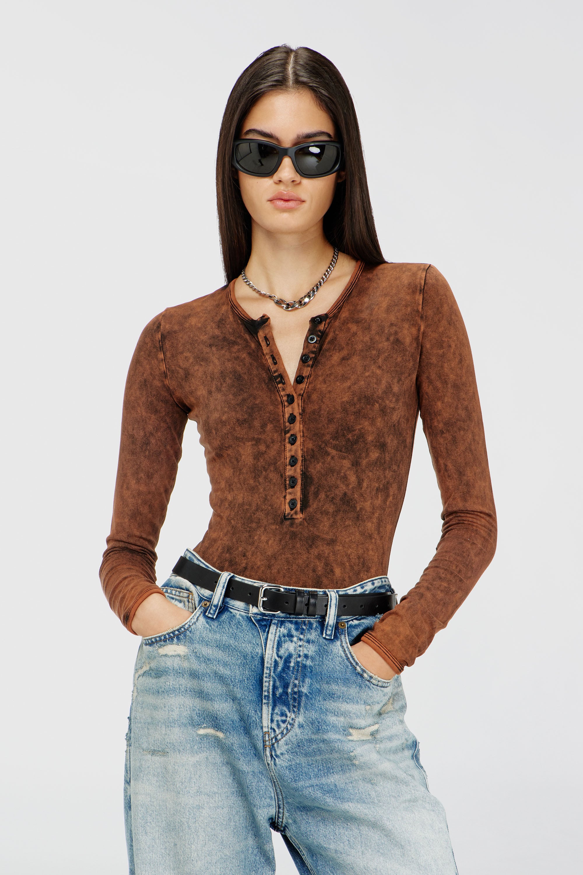 Diesel - FRESYA-DNM, Body in cotone con chiusura frontale a bottoni Donna in Marrone - 1