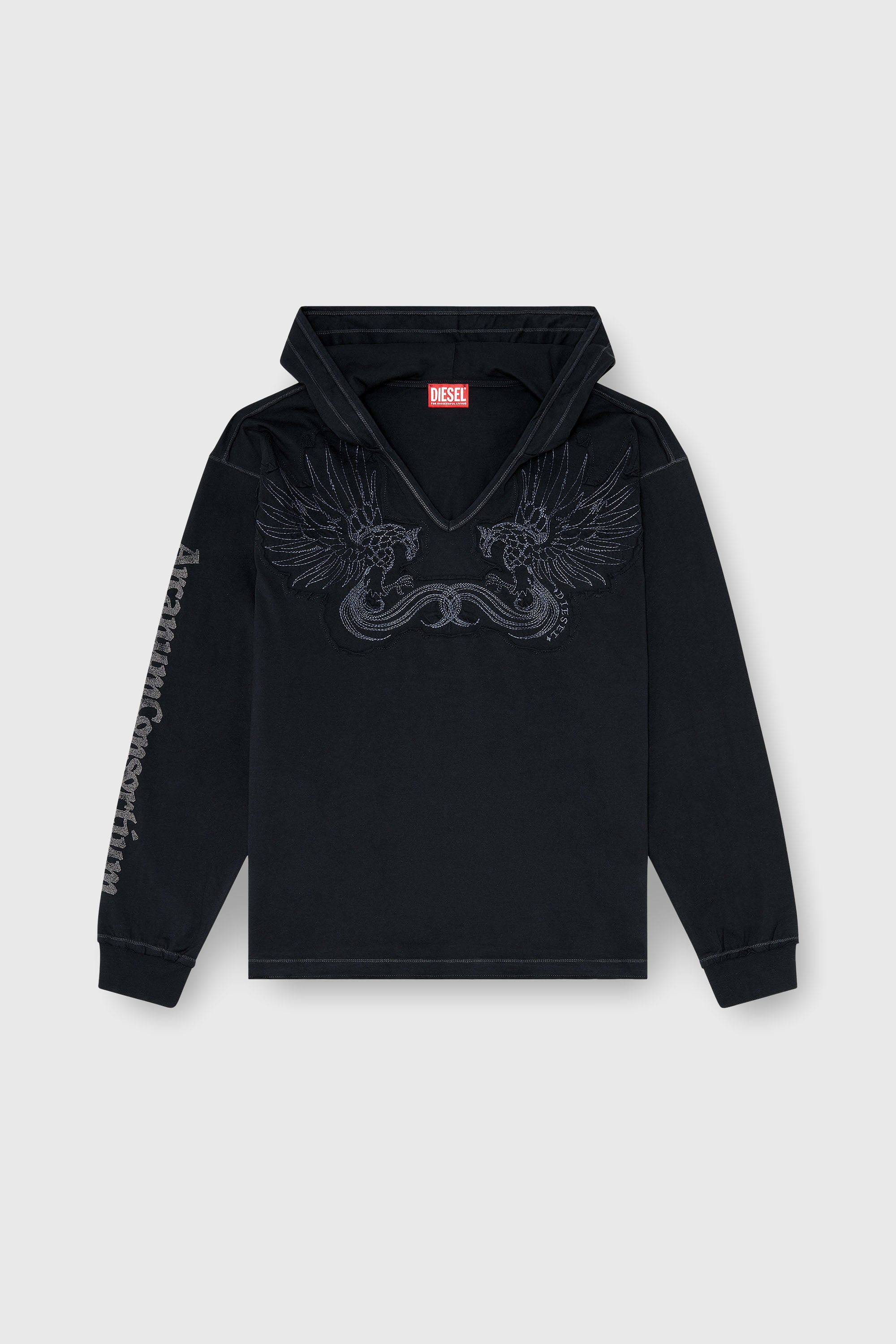 Diesel - T-PHEN-LS-HOOD-RIB, Hoodie con scollo a V e ricamo frontale Uomo in Nero - 2