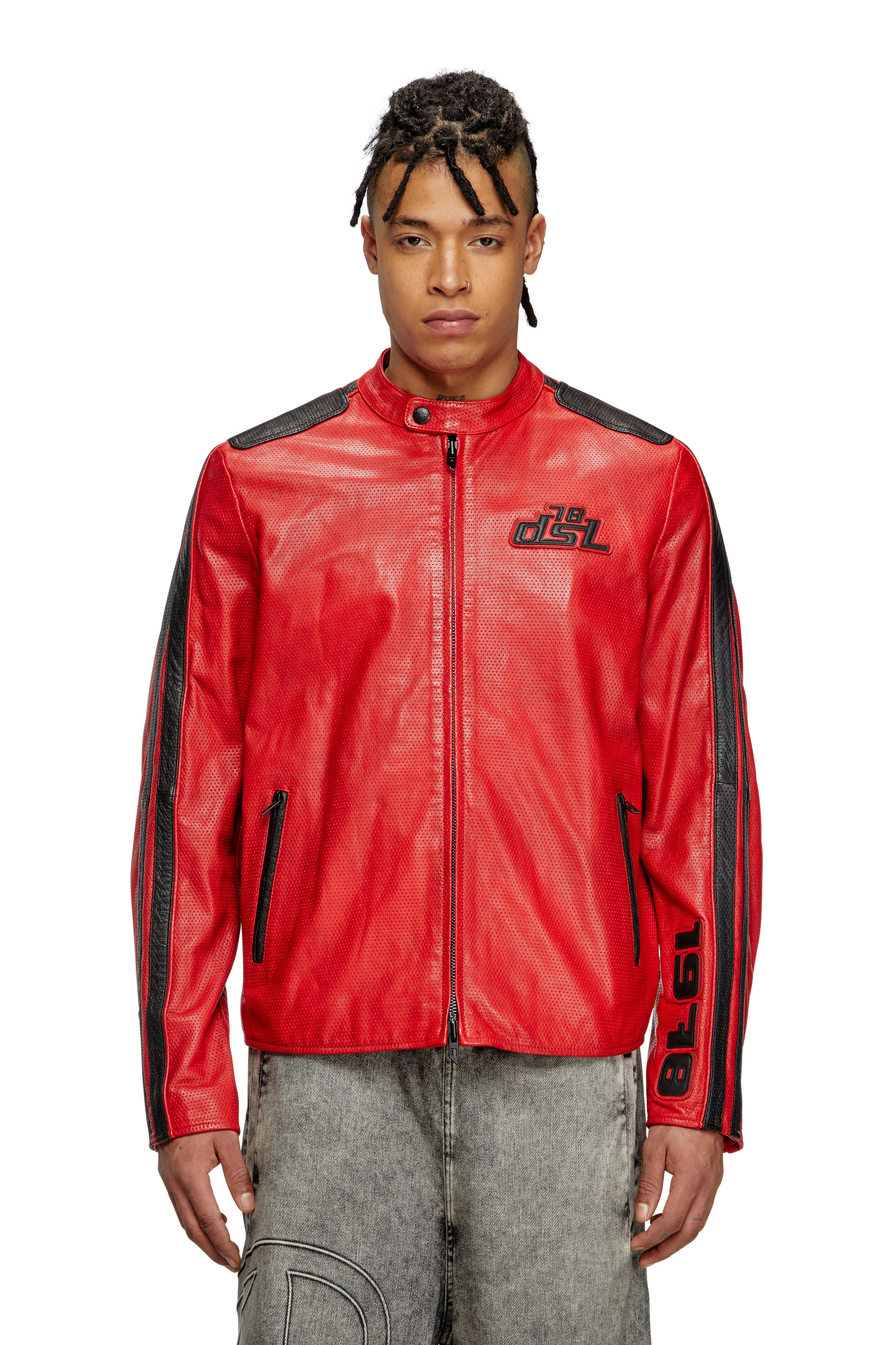 Diesel - L-POP, Giacca biker in pelle traforata Unisex in Rosso - 1