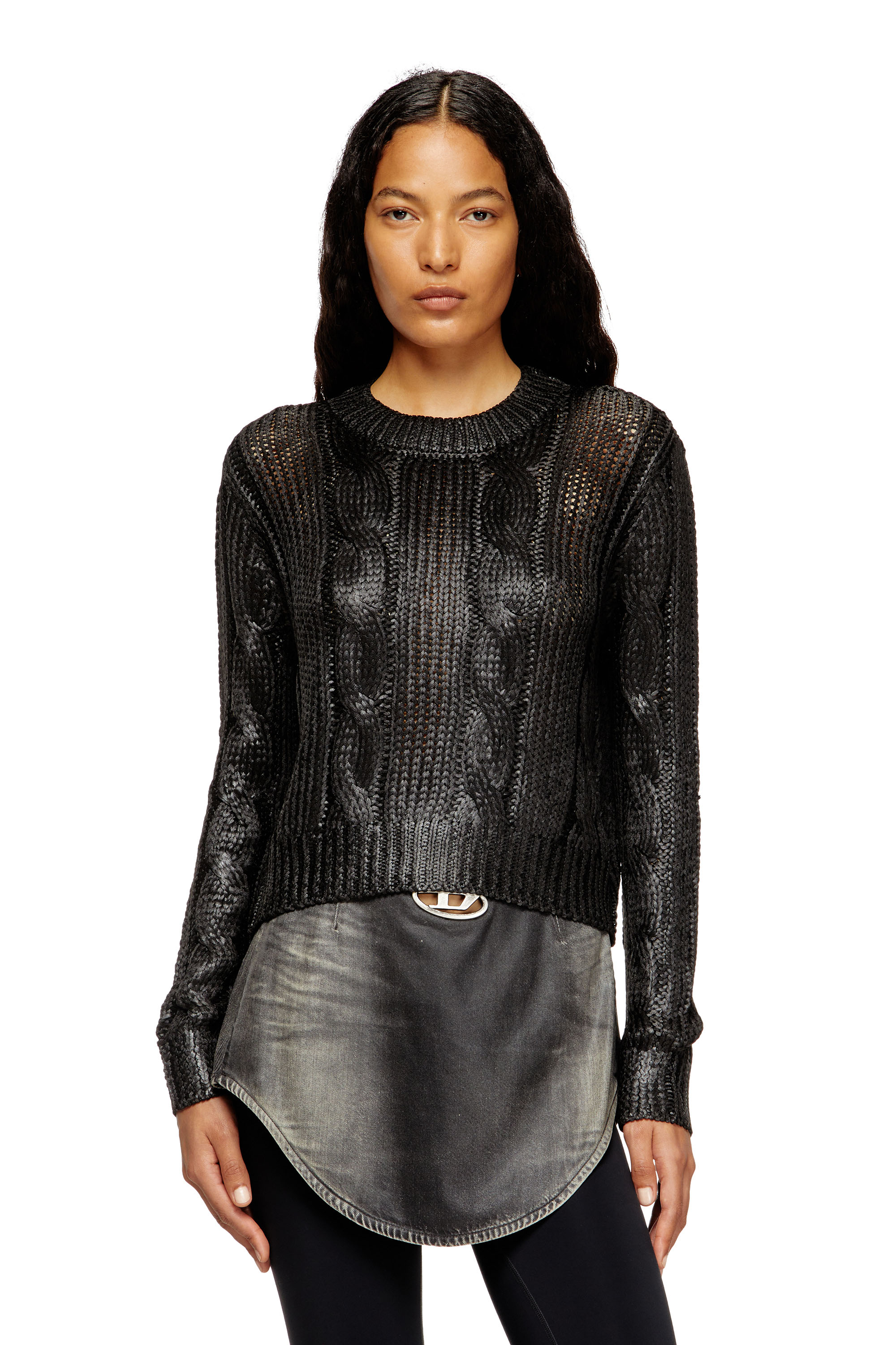 Diesel - M-MICCHA, Maglia con lavorazione a treccia e effetto shiny Donna in Nero - 1