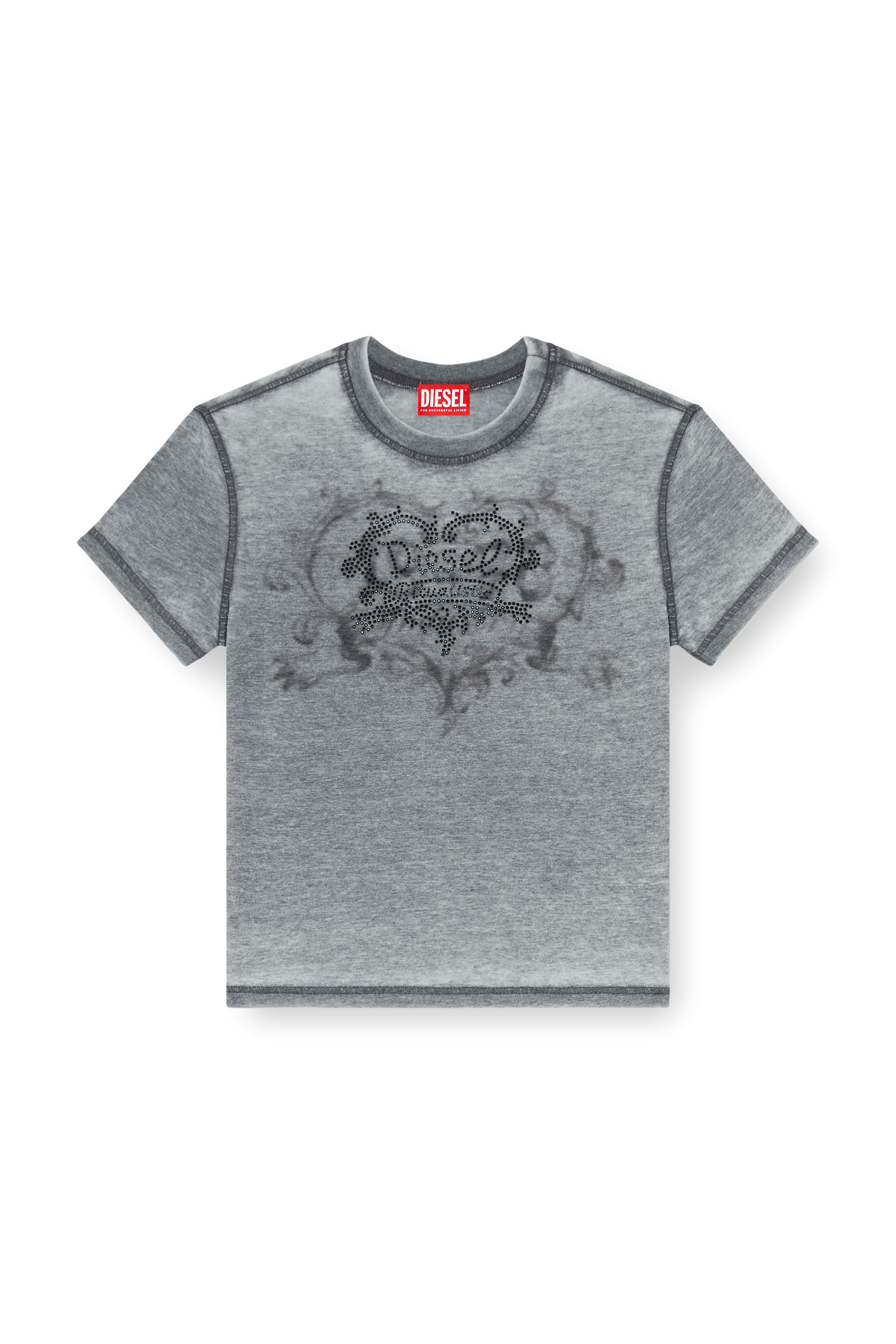 Diesel - T-ILA-AA1, T-shirt in jersey con strass ed effetto burnout Donna in Grigio - 3