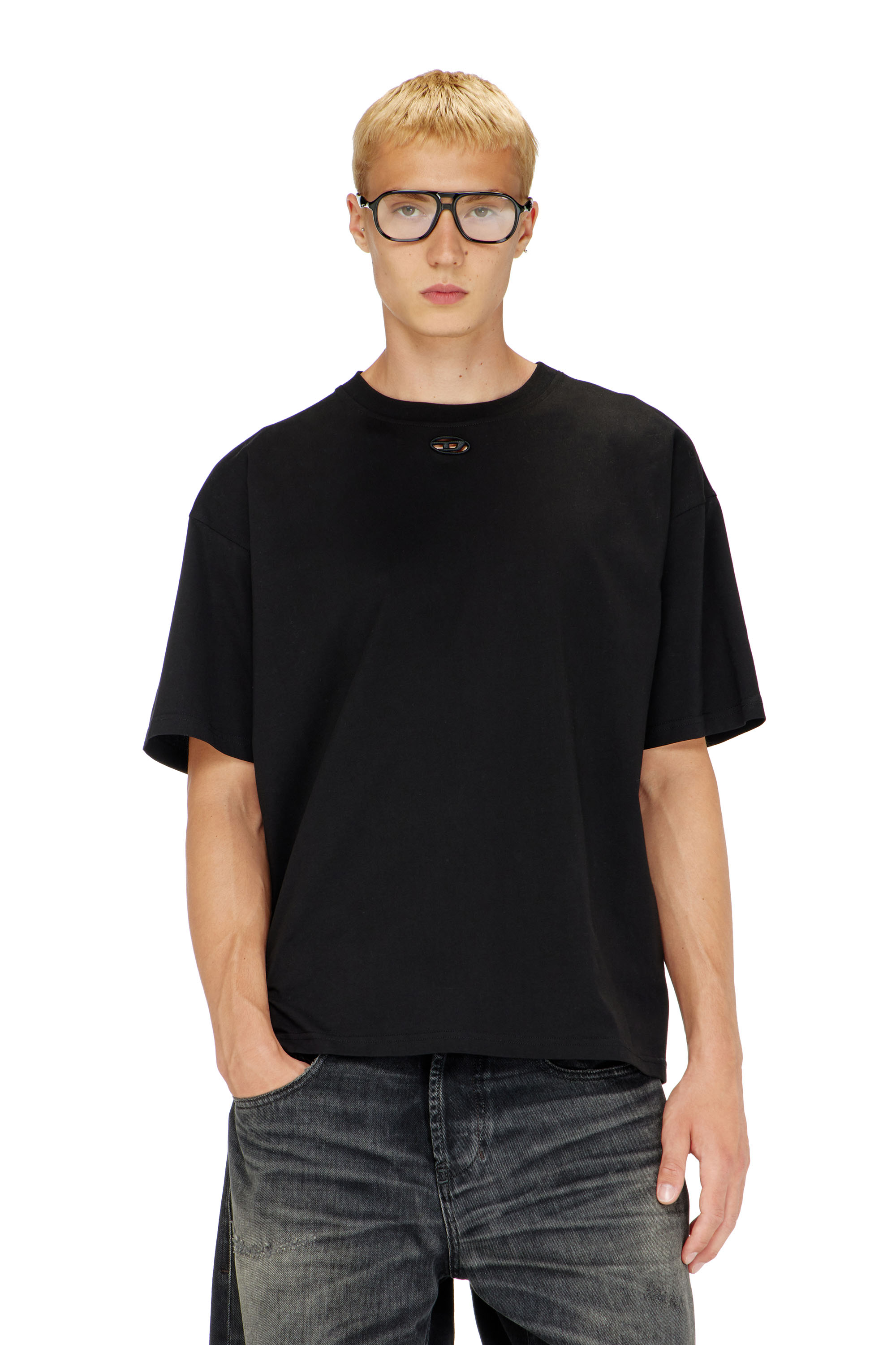 Diesel - T-BOXT-DCO, T-shirt in cotone dalla vestibilit&agrave; rilassata con ricamo Oval D Uomo in Nero - 3