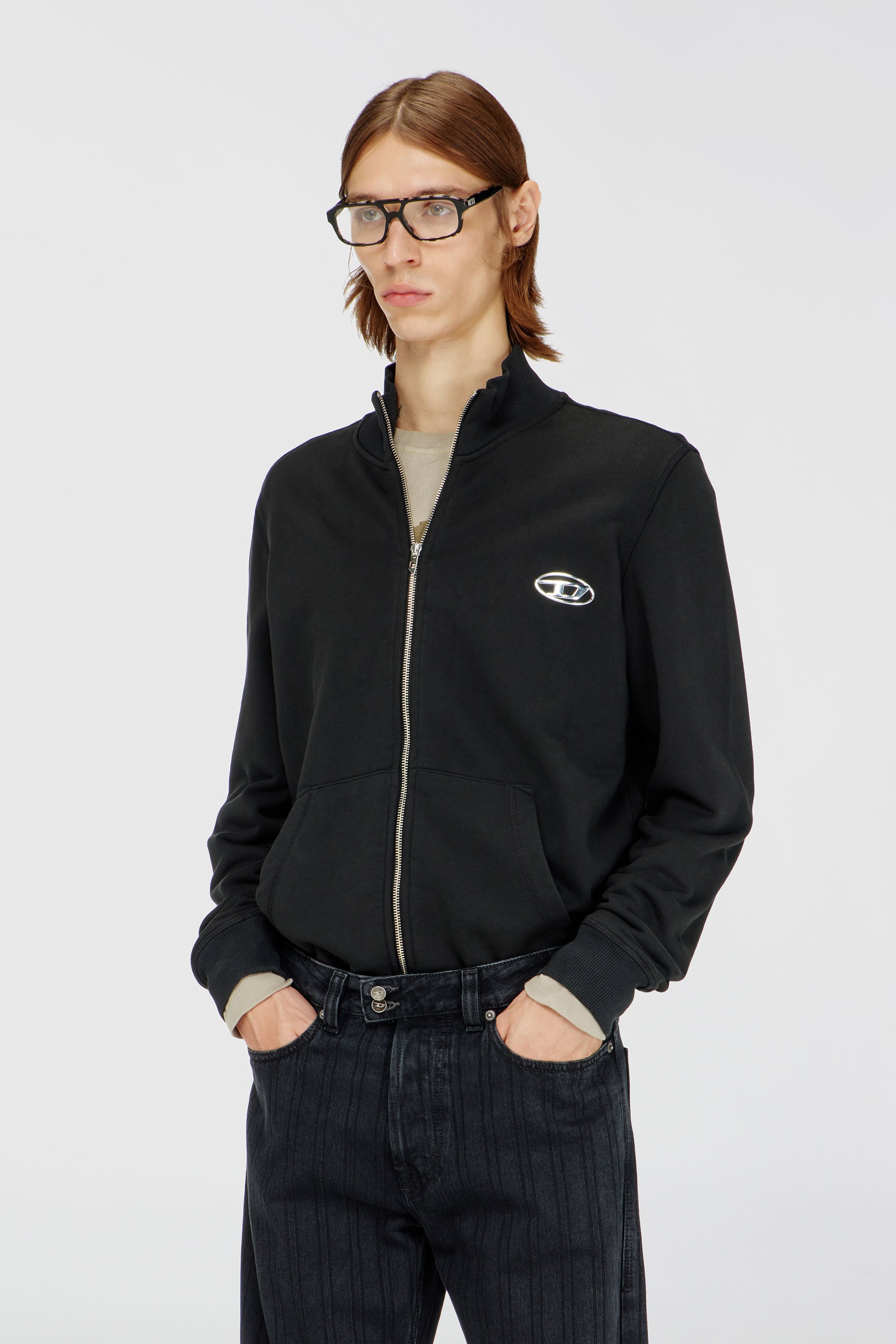 Diesel - S-GINN-ZIP-IOD, Felpa con collo alto e Oval D metallico Uomo in Nero - 1