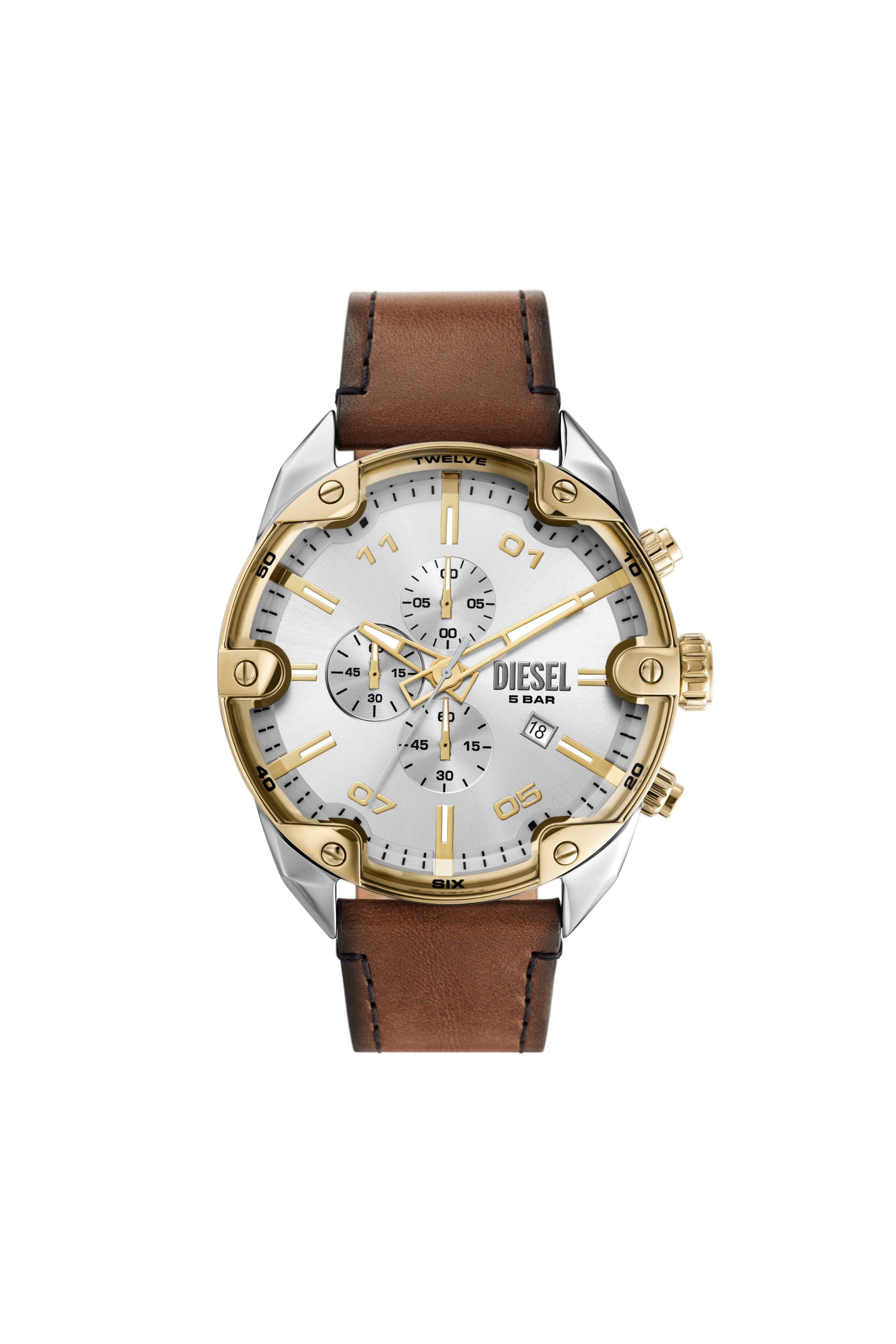 Diesel - DZ4665, Man Spiked chronograph brown leather watch in Brown - Image 1