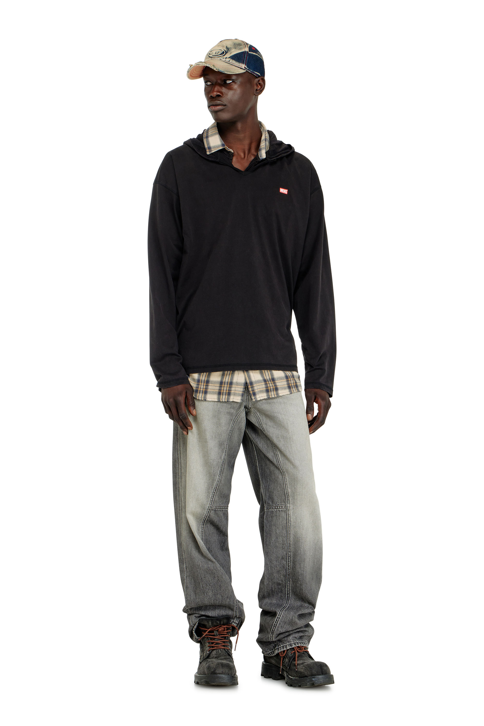 Diesel - T-BOXT-LS-HOOD-CHECK, T-shirt a manica lunga con cappuccio in flanella Uomo in Nero - 2