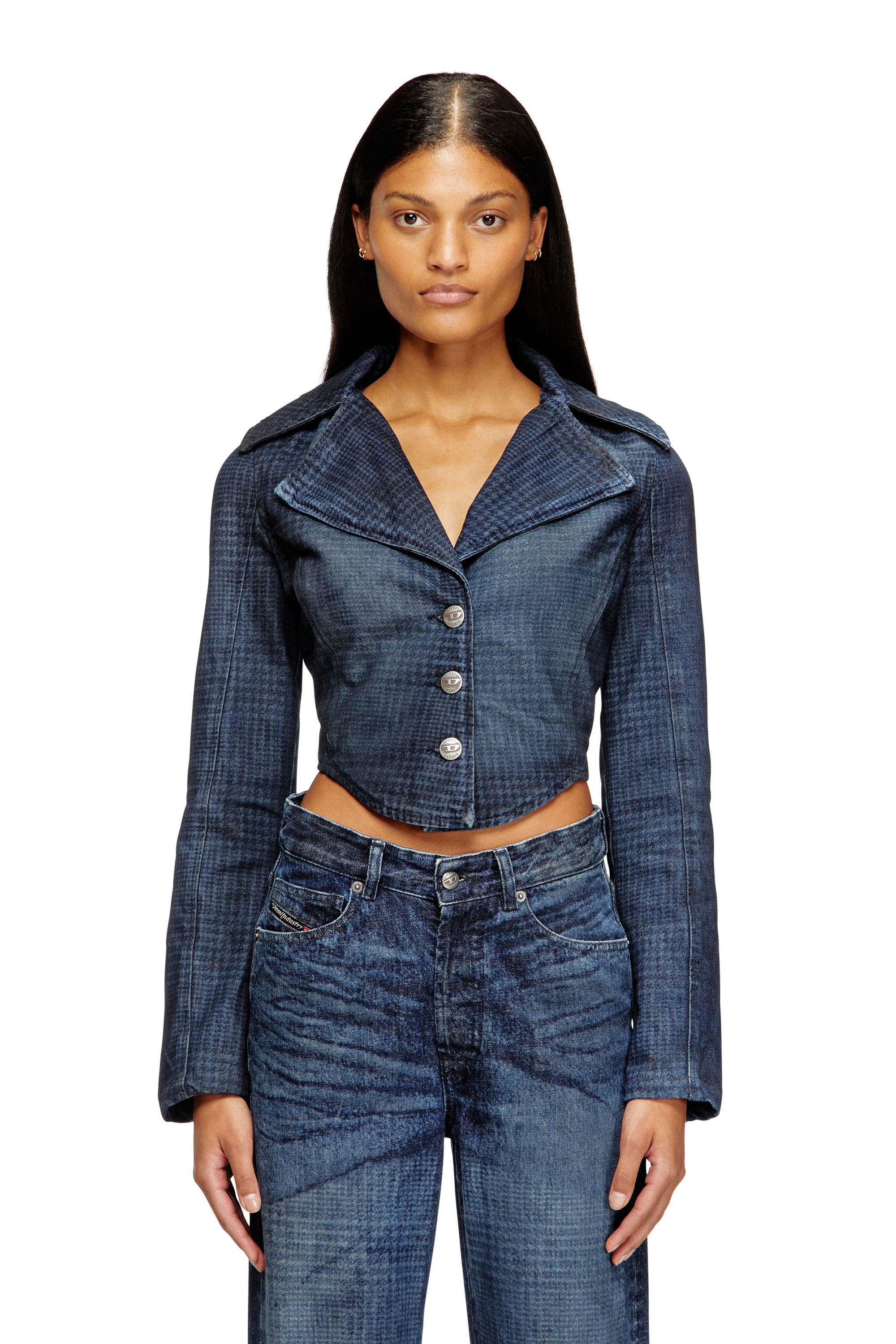 Diesel - DE-ALI-S, Woman's Cropped jacket in Prince of Wales denim in Dark Blue - 3