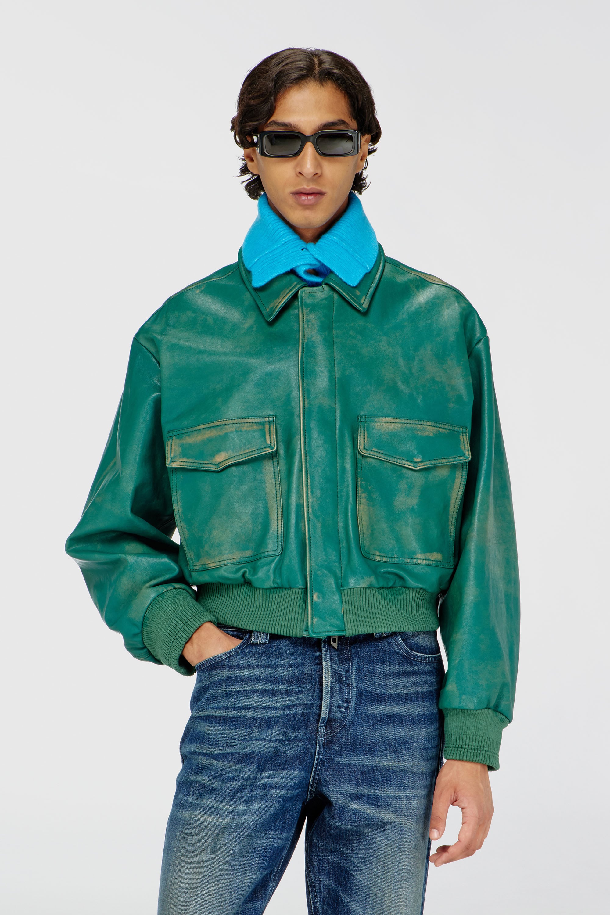Diesel - L-UMAN, Giacca aviator in pelle lavorata Uomo in Verde - 1