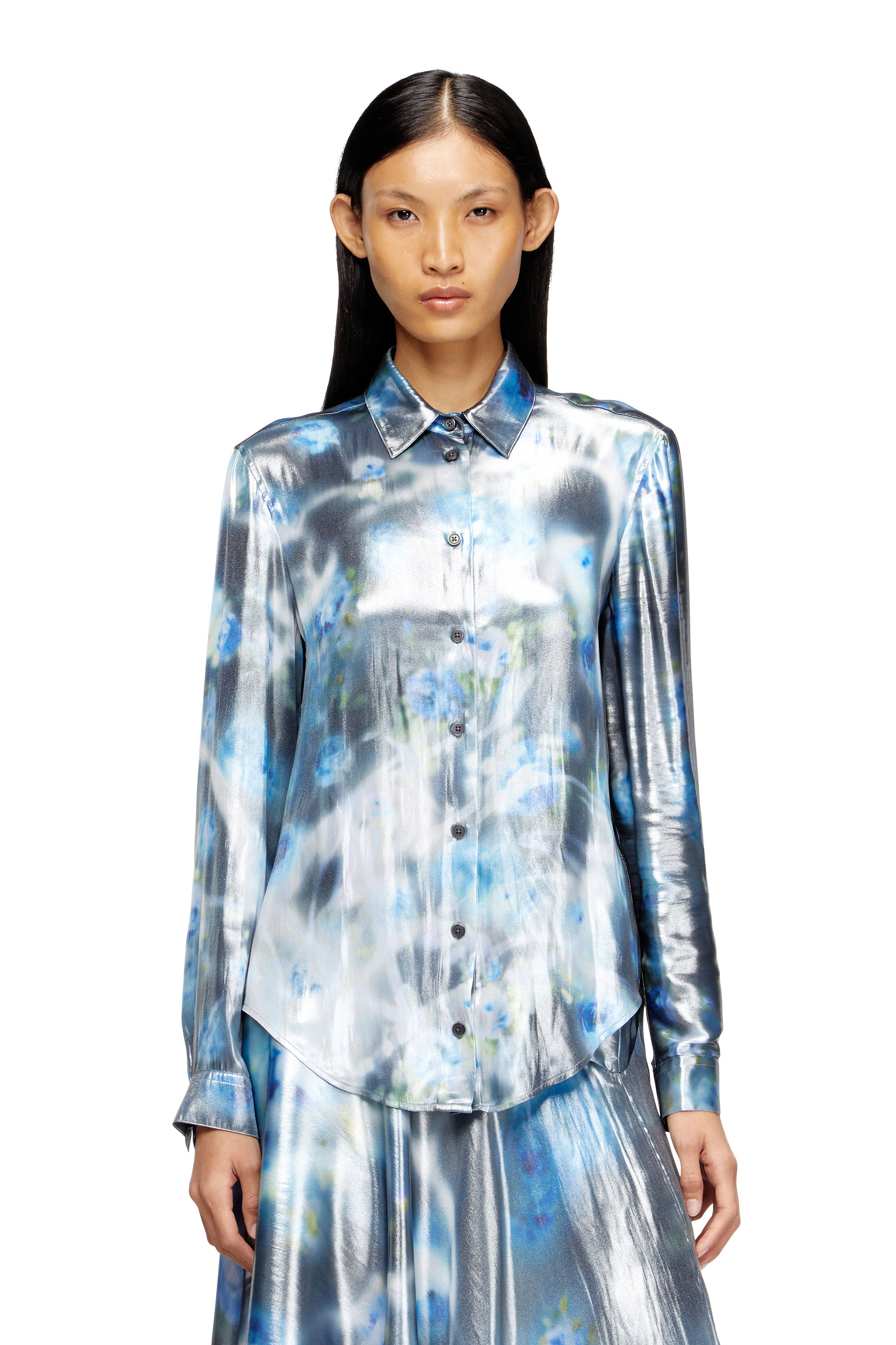 Diesel - C-RONOR-S2, Camicia effetto metallizzato e rose sfocate Donna in Blu - 1