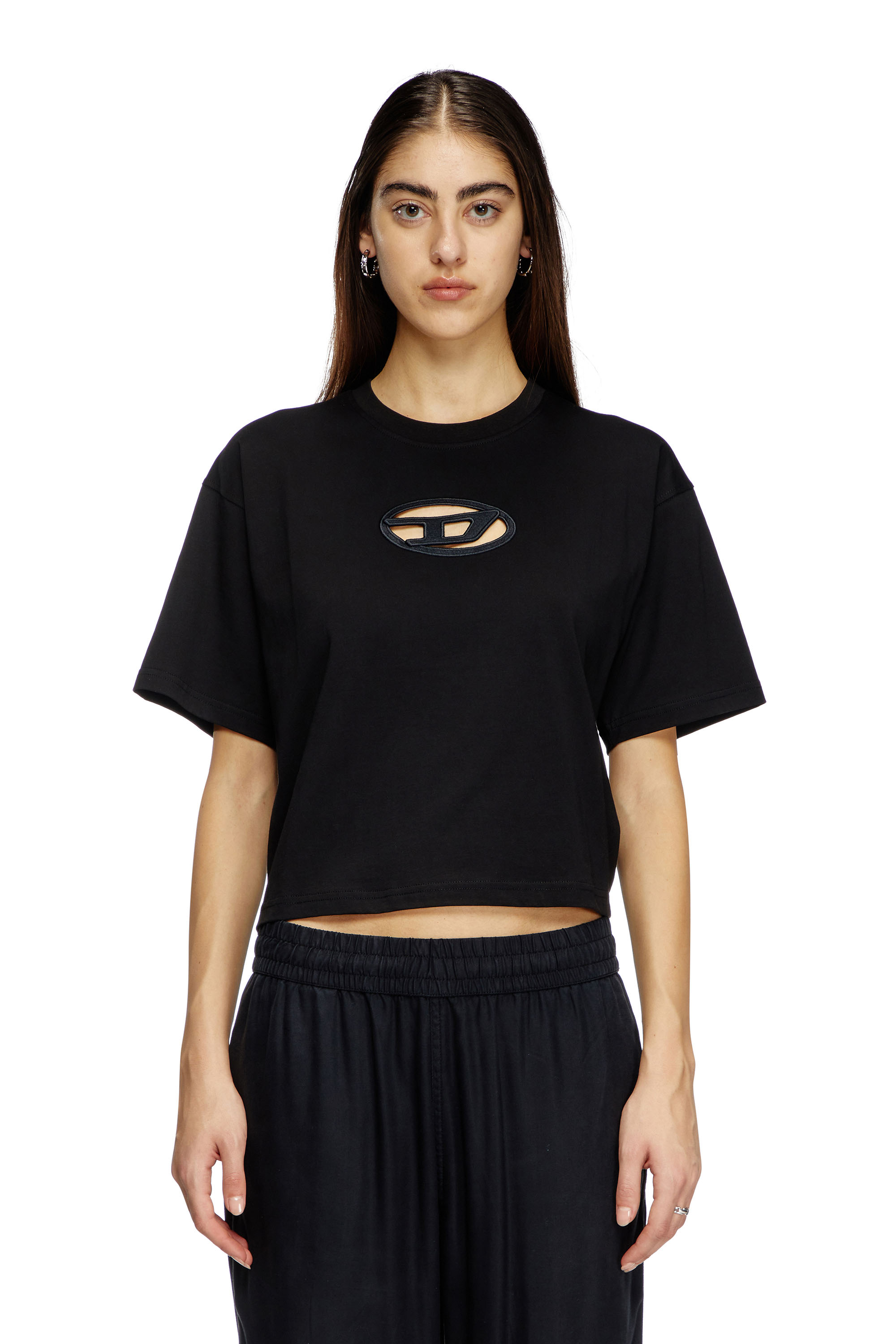 Diesel - T-BUXT-CROP-OD, T-shirt boxy con Oval D cut-out Donna in Nero - 1