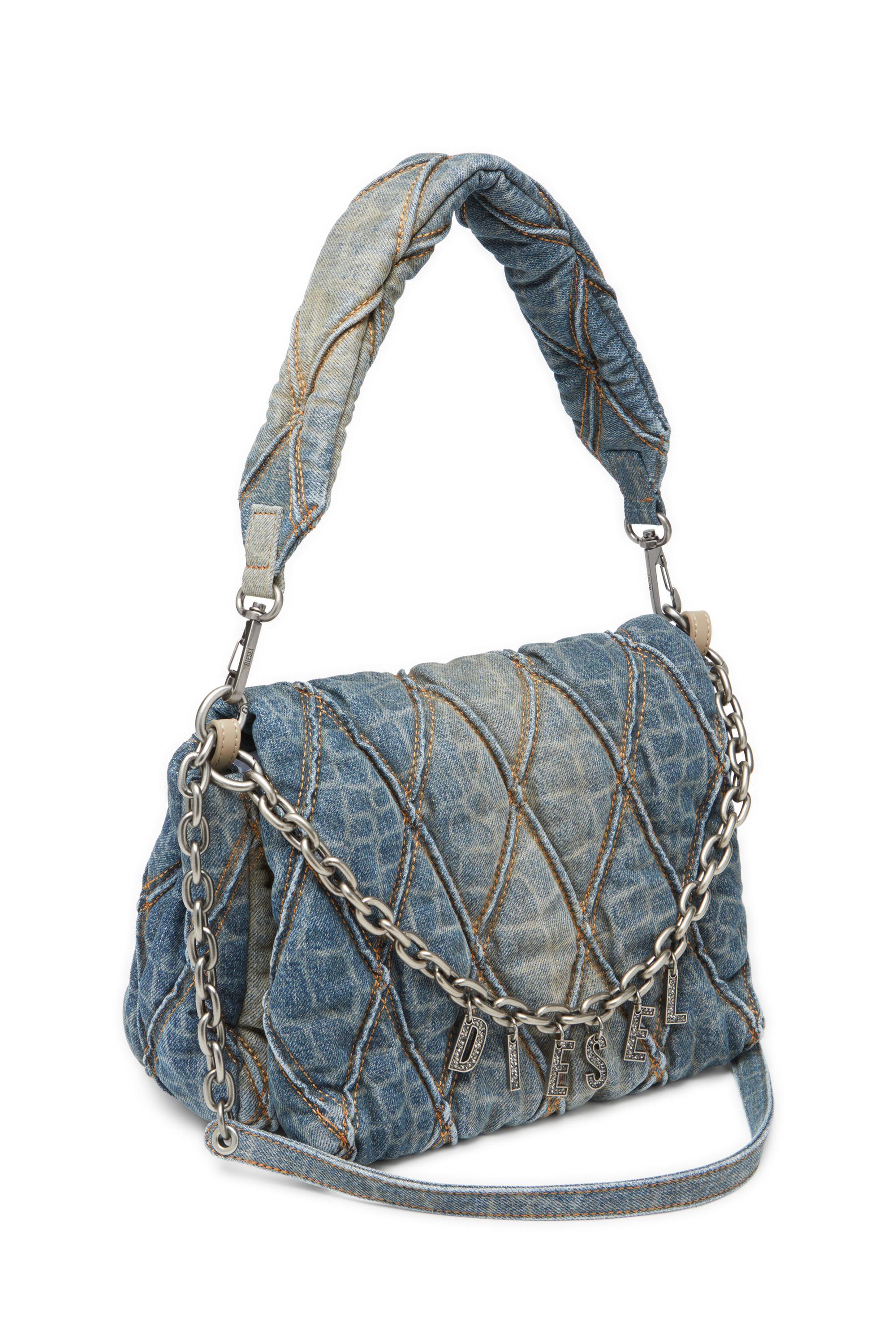 Diesel - CNY CHARM-D SHOULDER M, Borsa a spalla in denim trapuntato stampa snake Donna in Blu - 5