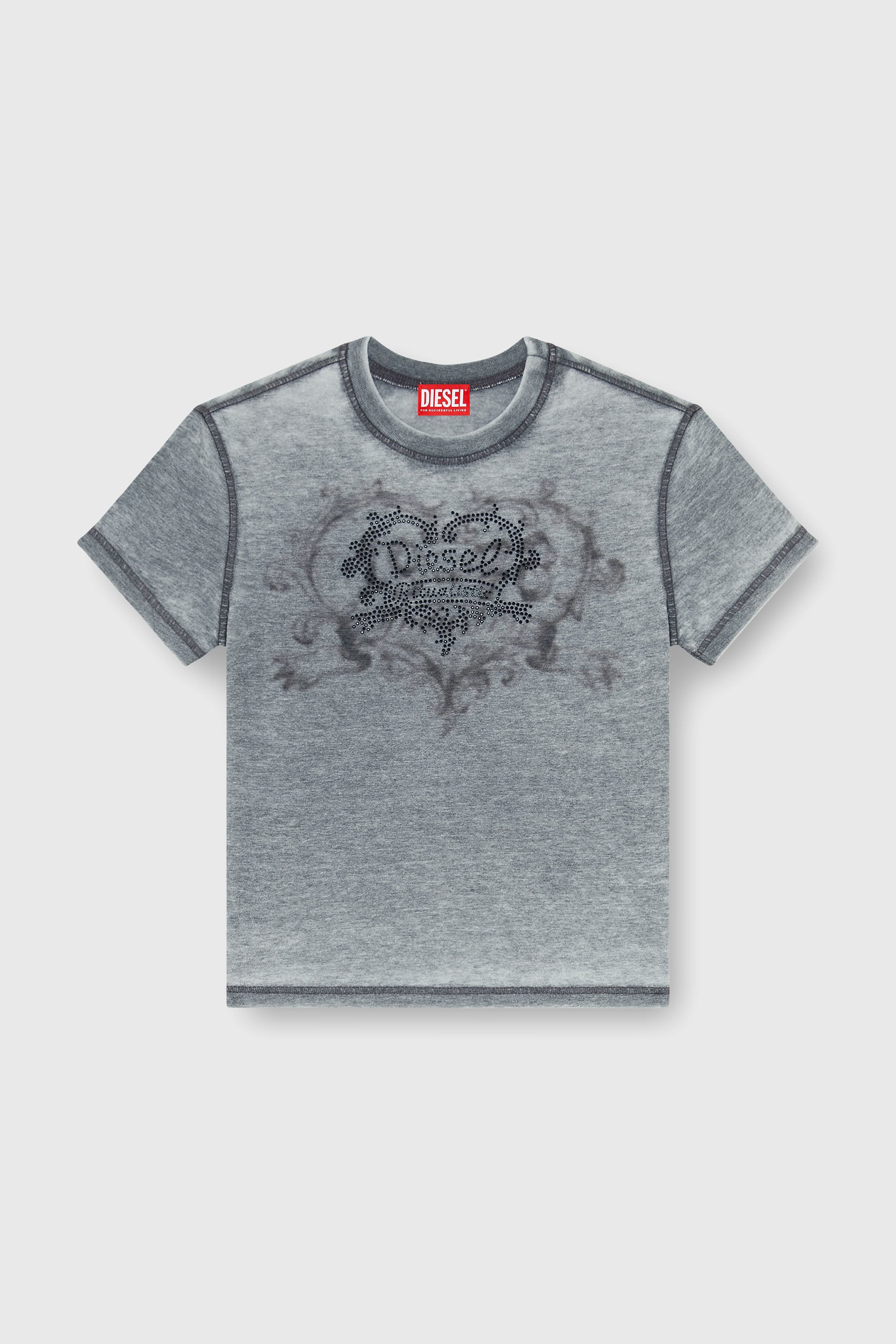 Diesel - T-ILA-AA1, T-shirt in jersey con strass ed effetto burnout Donna in Grigio - 2