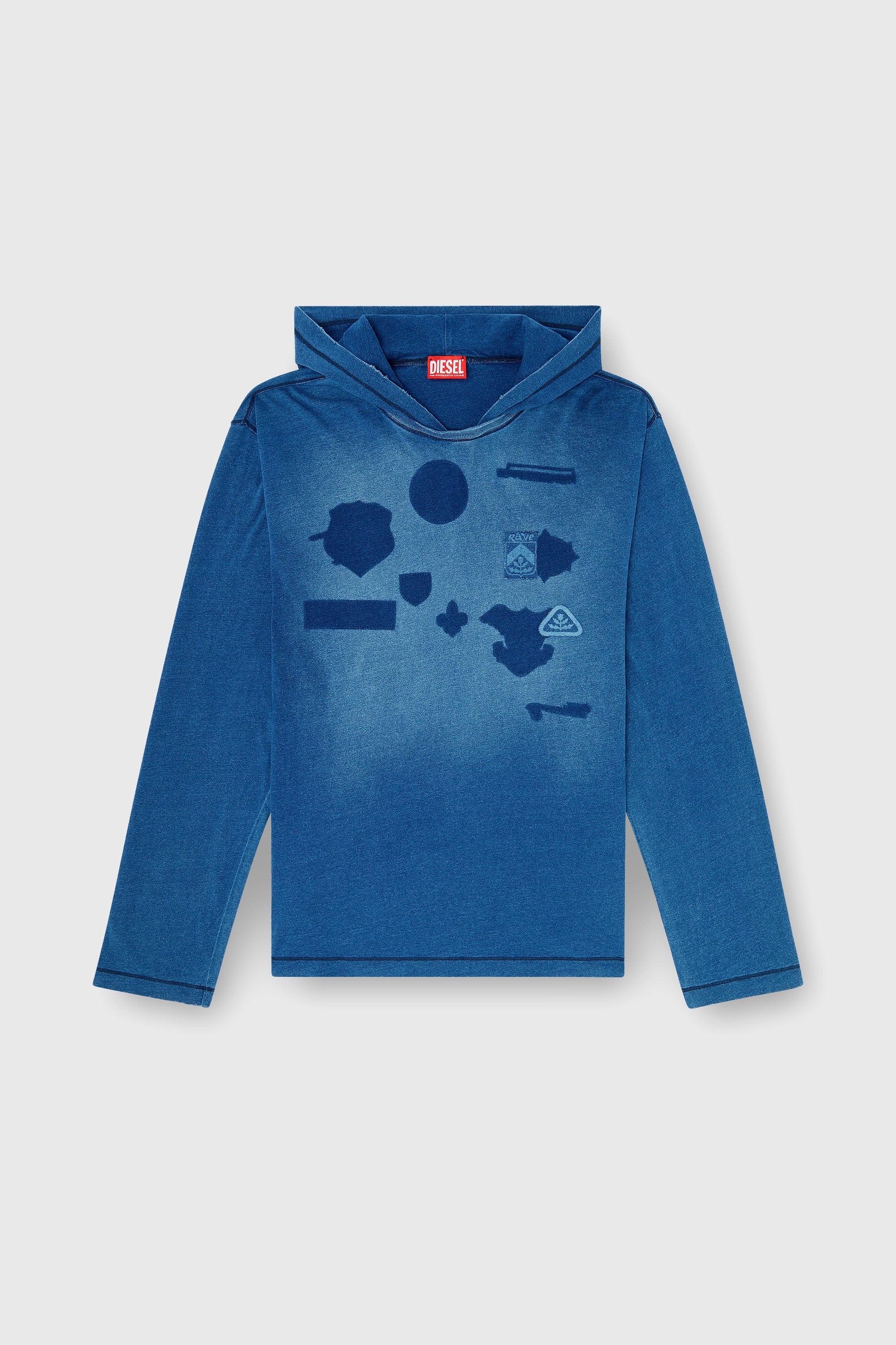 Diesel - T-NOX-LS-HOOD, T-shirt a manica lunga con cappuccio e patch effetto ombra Uomo in Blu - 2