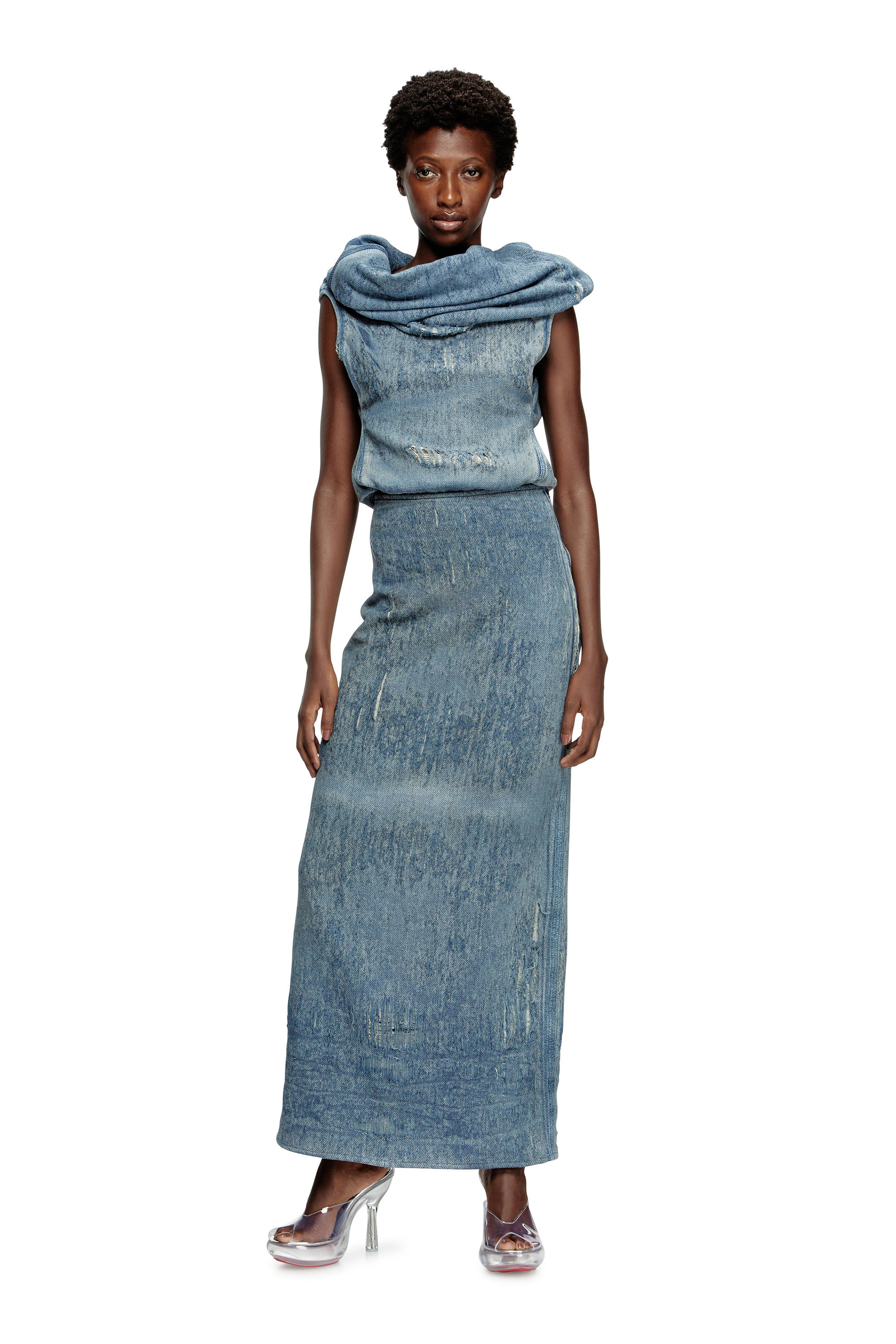 Diesel - DE-VANIA-FSG, Top denim jacquard effetto ultra-destroyed Donna in Blu - 1