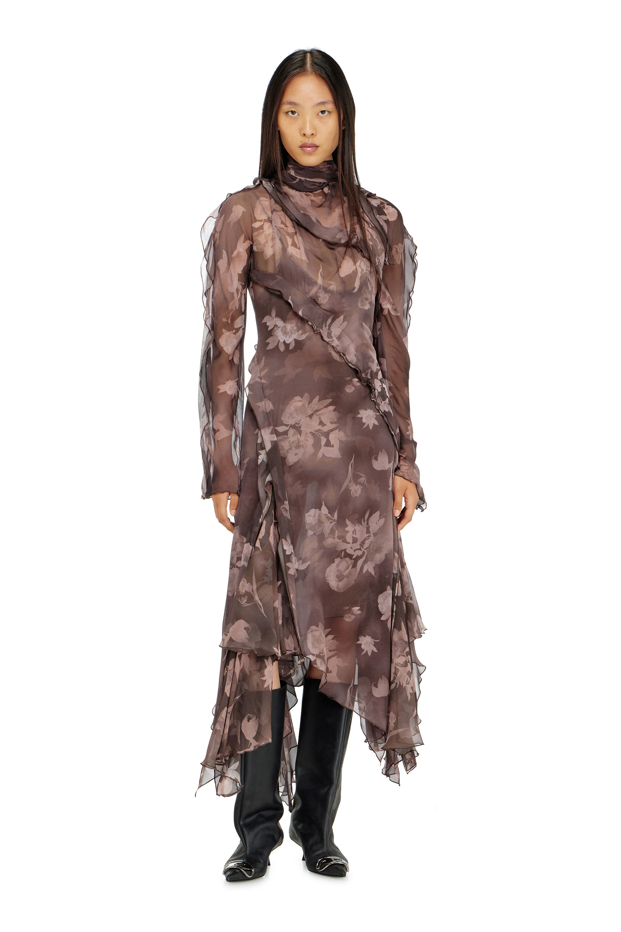 Diesel - D-RIADI, Abito midi asimmetrico in chiffon e cr&ecirc;pe di seta Donna in Marrone - 3