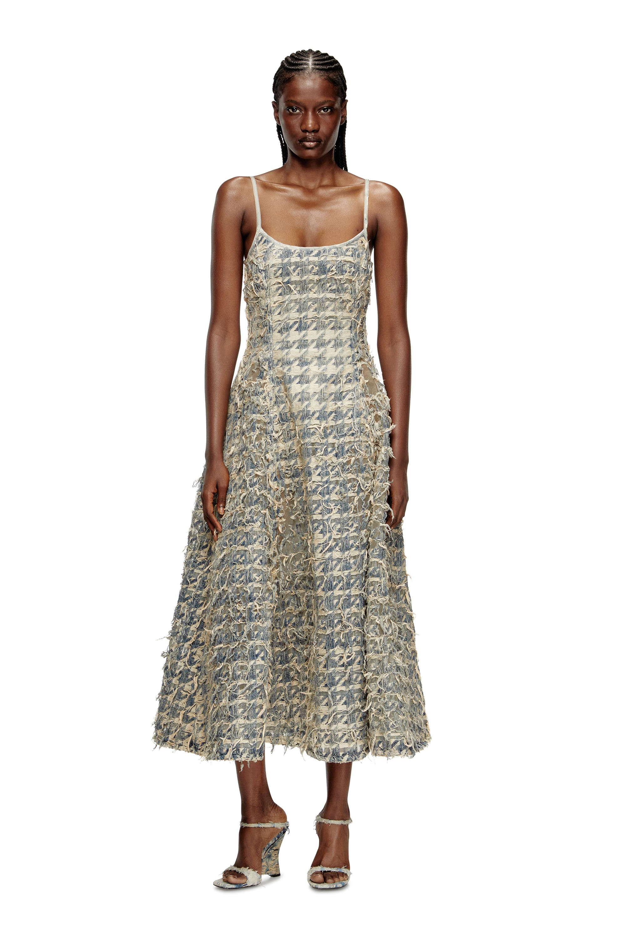 Diesel - DE-SWEENEY-LONG-FSH, Gonna lunga in denim pied-de-poule dévoré Donna in Blu - 1