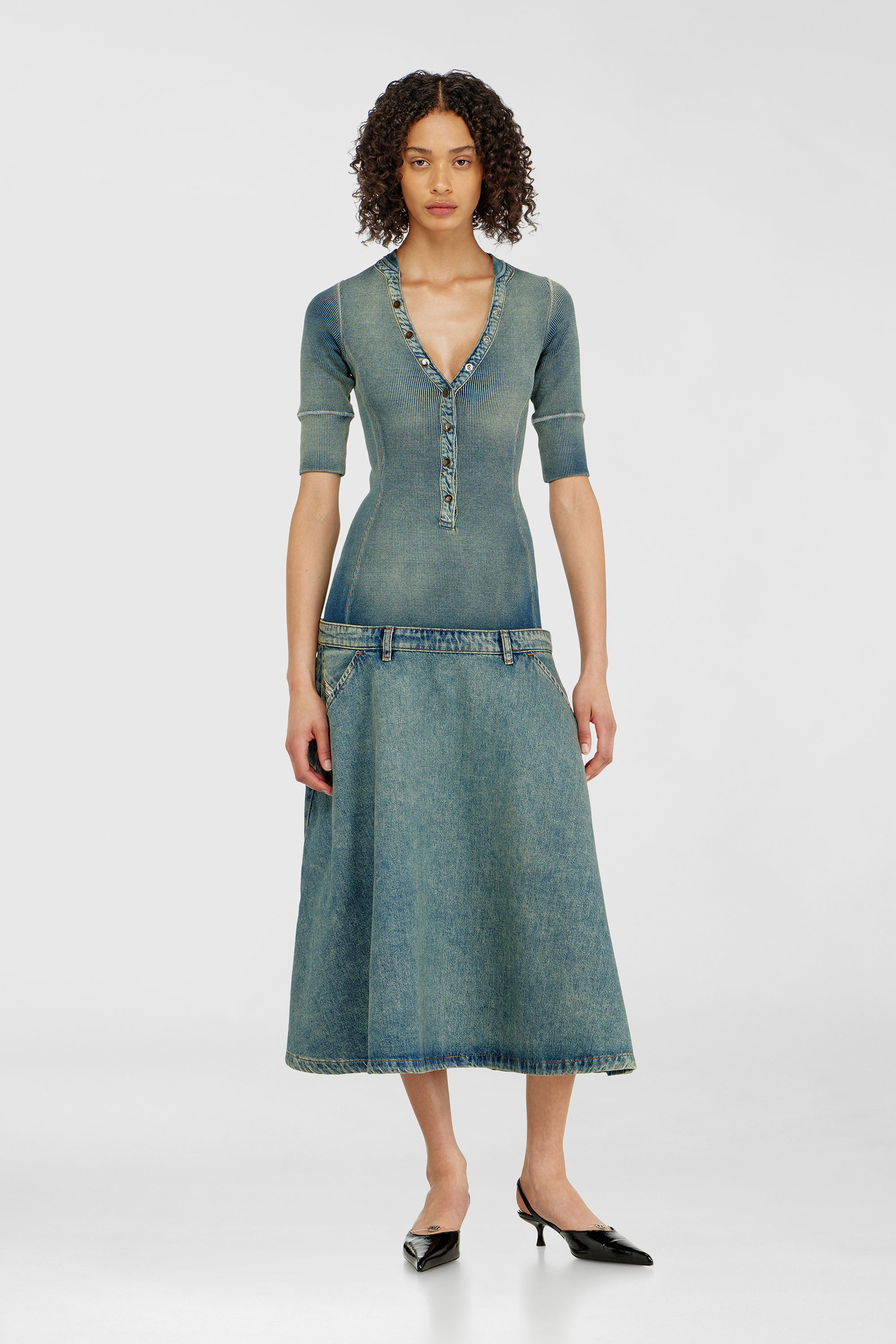 Diesel - DE-ANIM-S, Woman's Drop-waist midi dress in knit and denim in Medium blue - 3