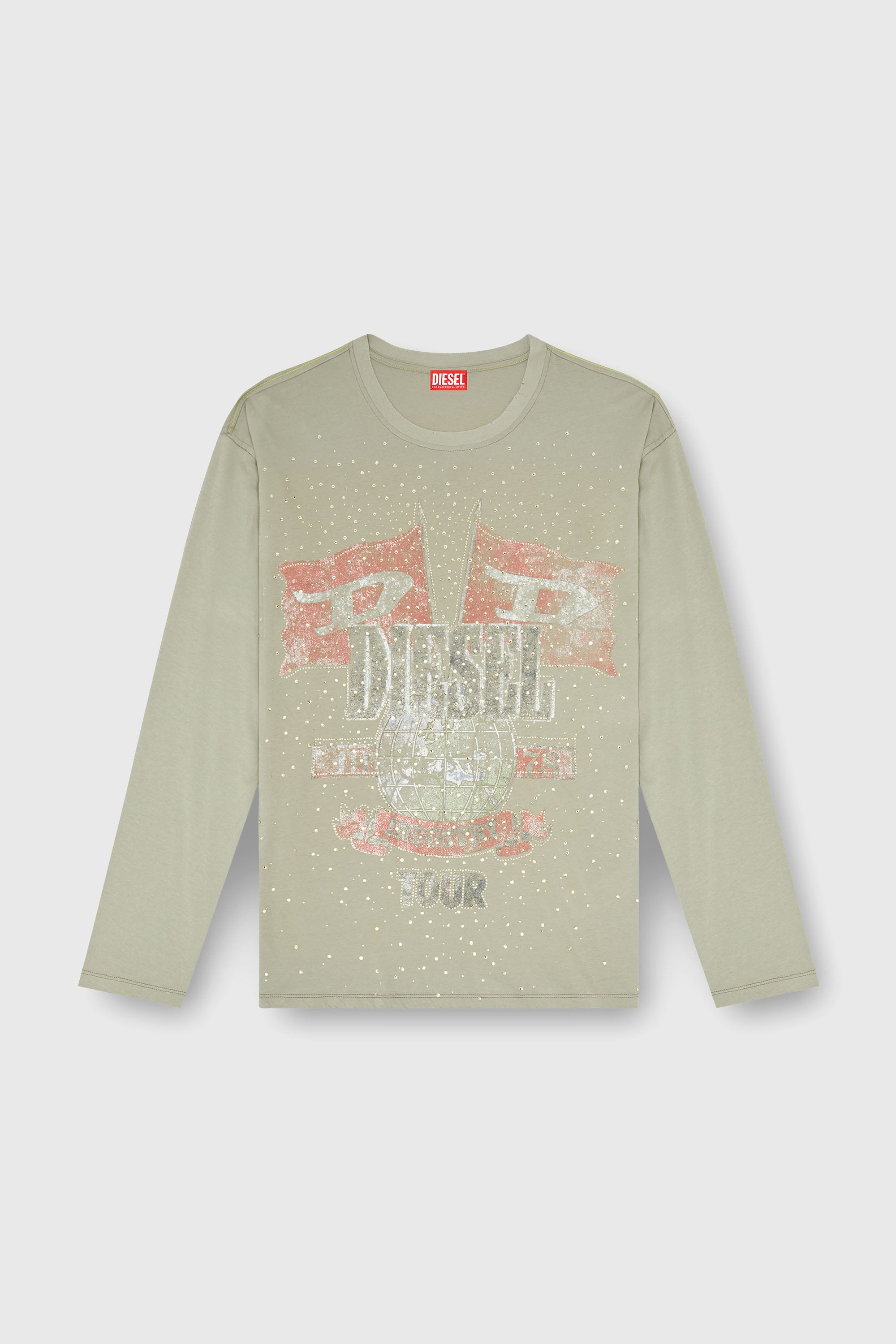 Diesel - T-GERI-LS-A, T-shirt a manica lunga con grafiche da concerto e cristalli Uomo in Verde - 2