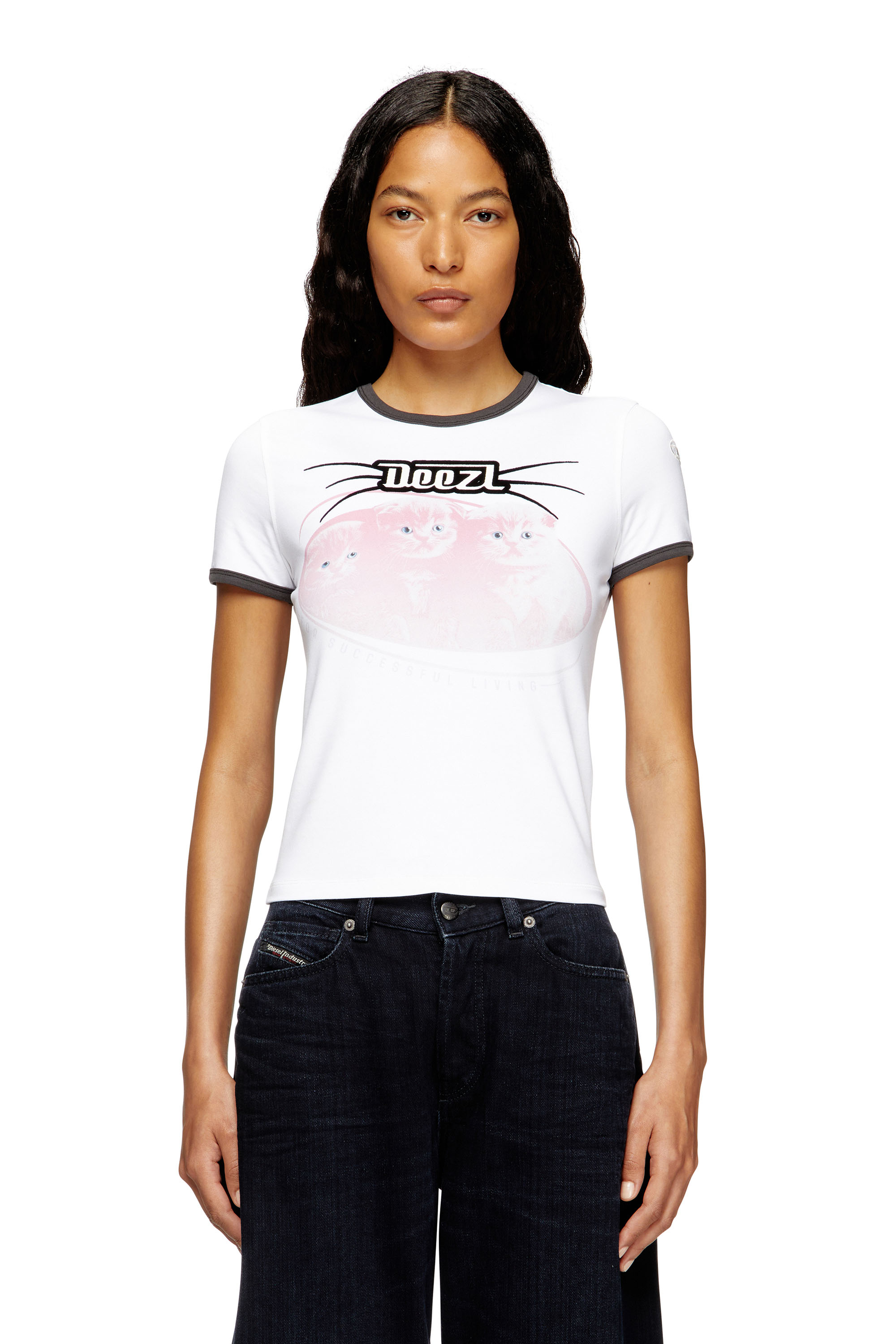 Diesel - T-UNCUTIES-LONG-R13, T-shirt cotone con stampa flock Donna in ToBeDefined - 1