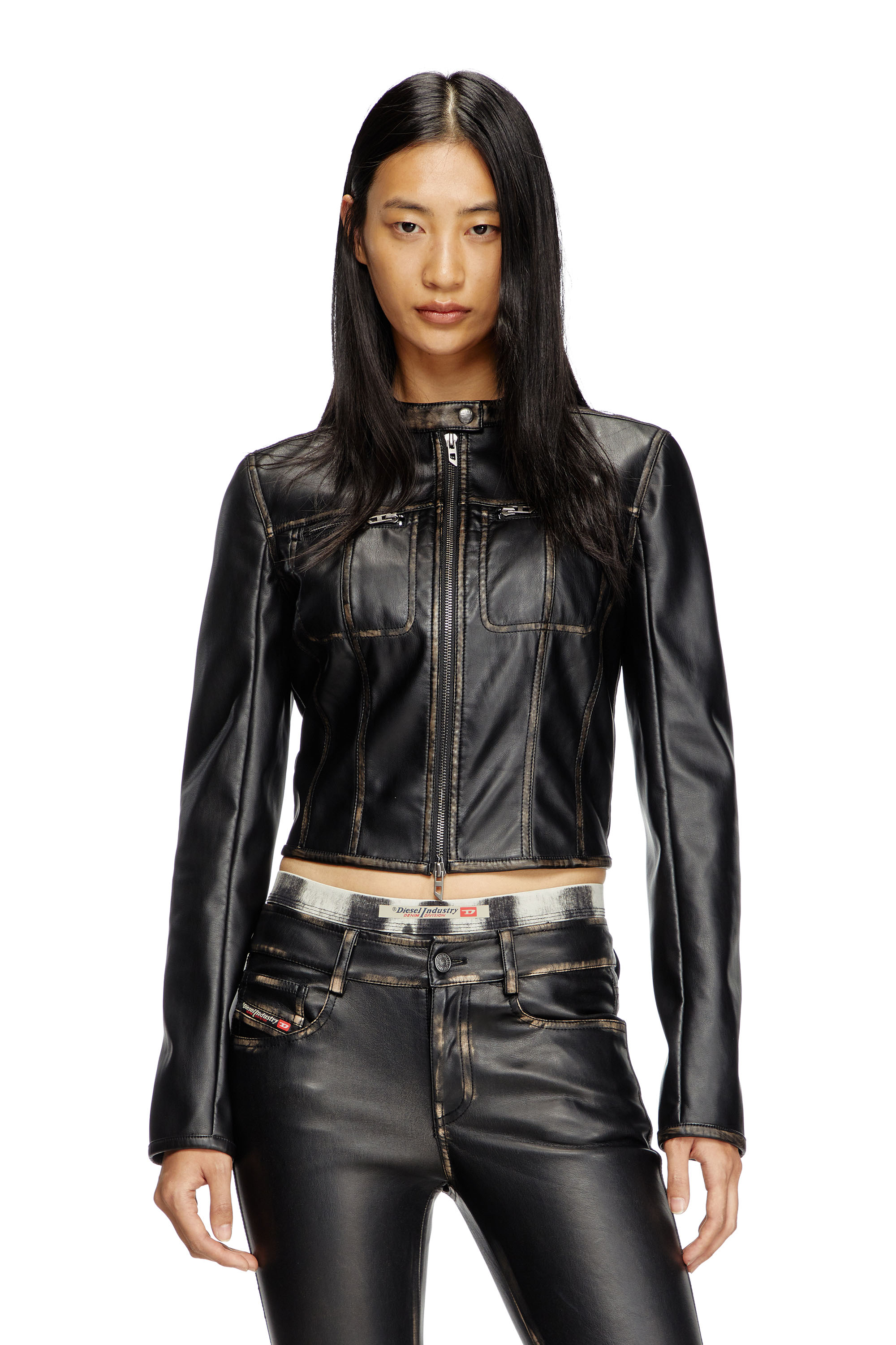 Diesel - G-LOBE, Giacca biker corta e distressed Donna in Nero - 1