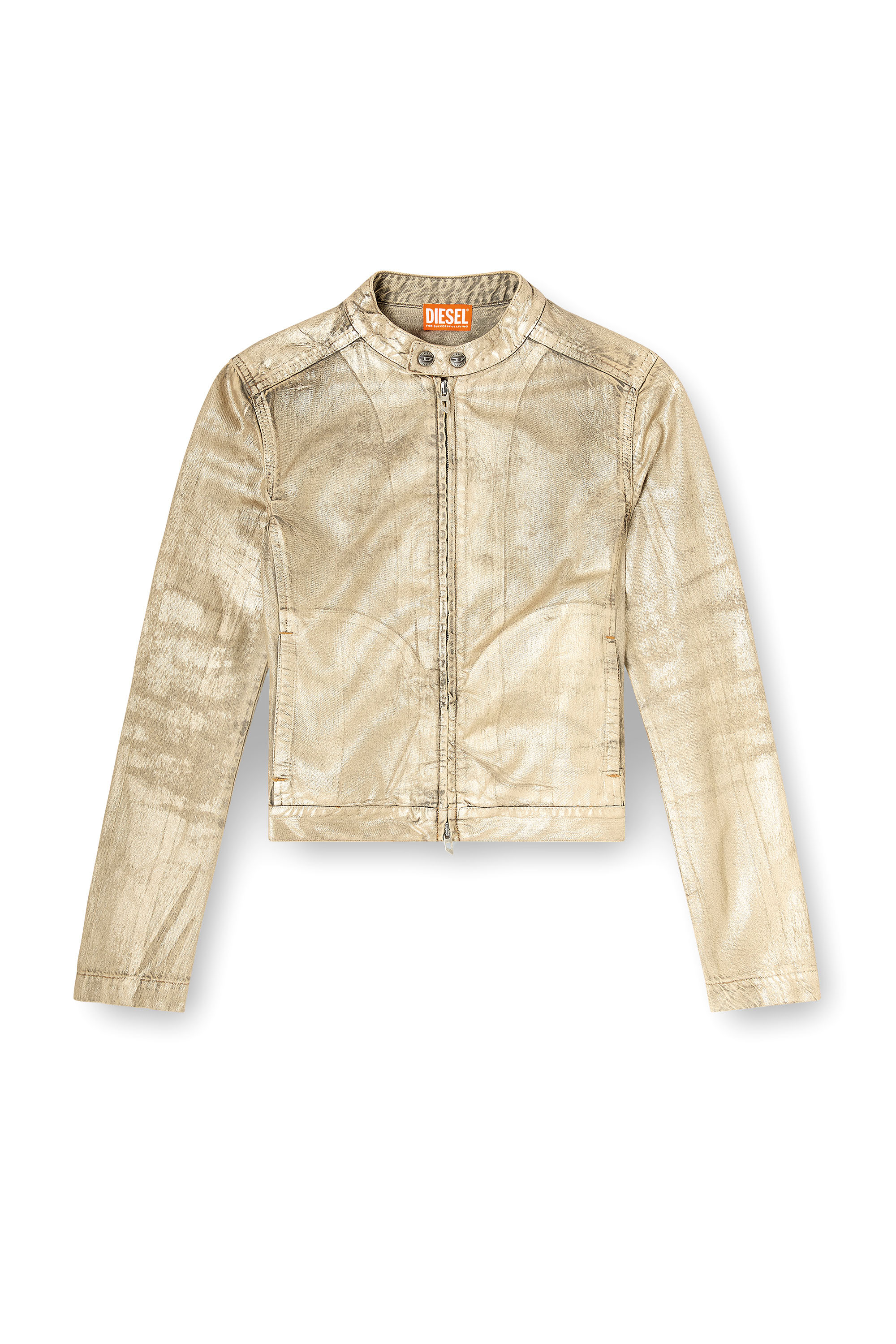 Diesel - DE-MORNIN-KG, Giacca moto in denim distressed metallizzato Donna in Oro - 3