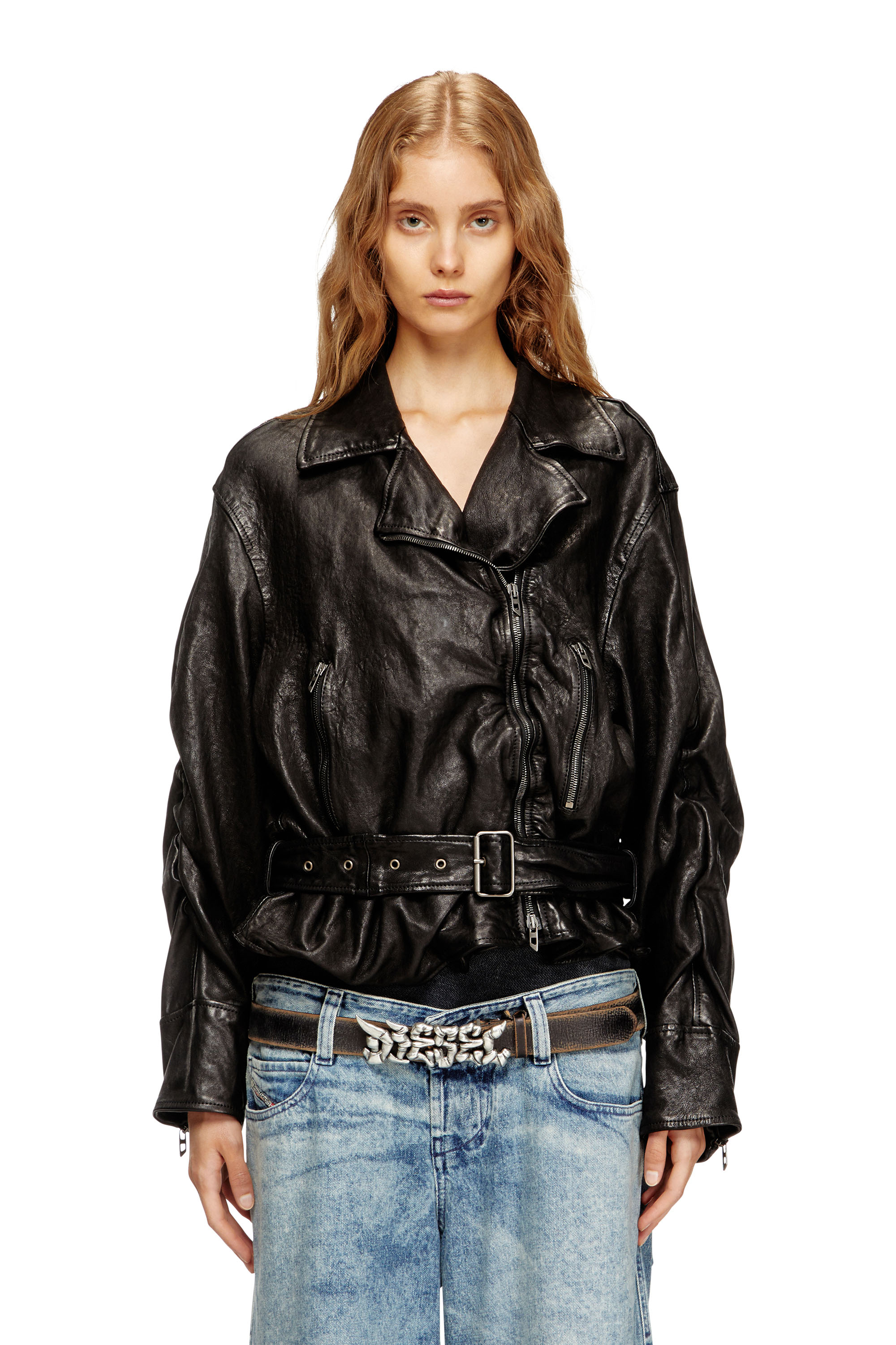 Diesel - L-OYS, Giacca con cintura in cuir-bouilli Donna in Nero - 1
