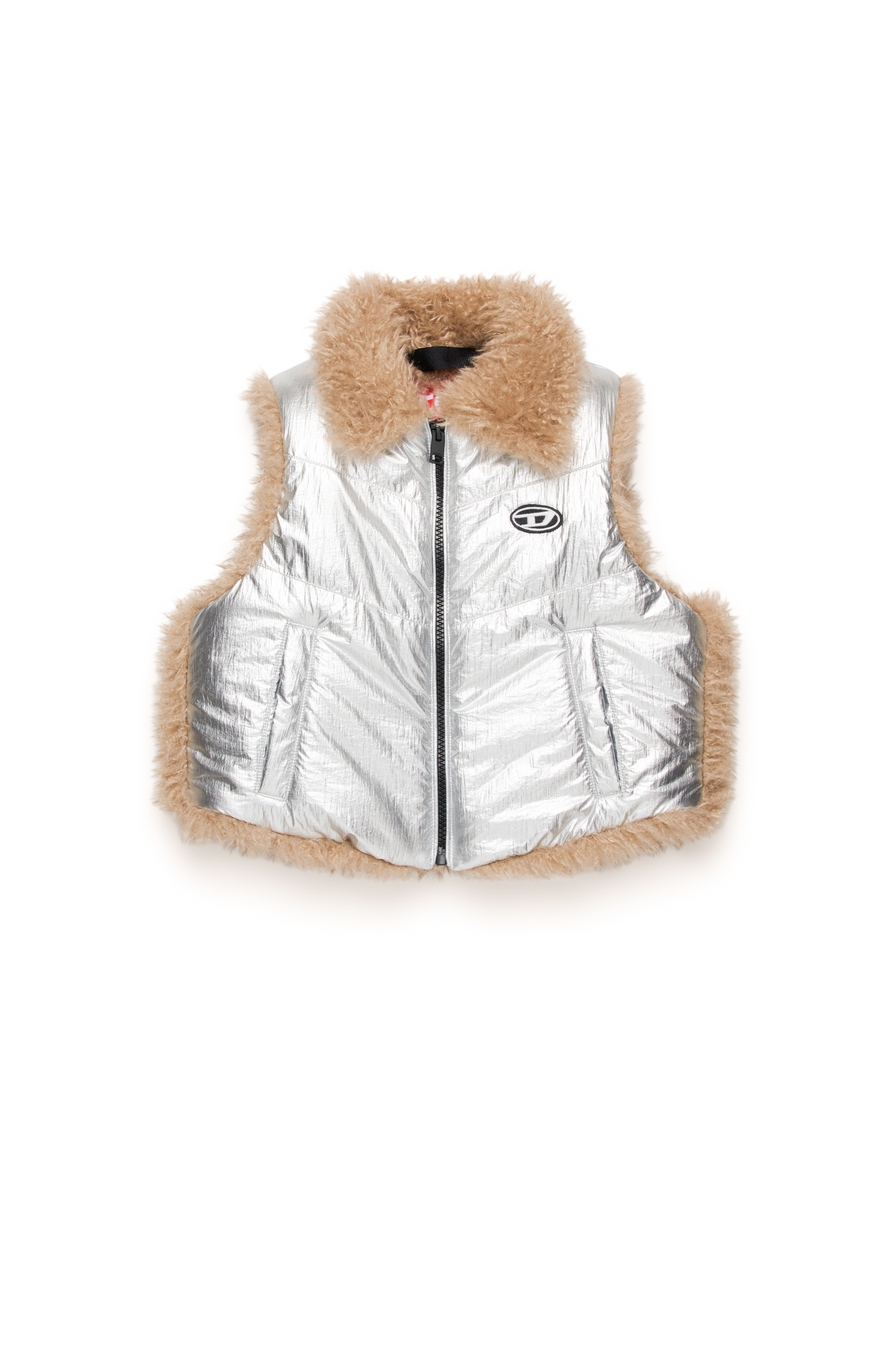 Diesel - JWEFIA, Gilet metallizzato con fodera shaggy Donna in Argento - 1