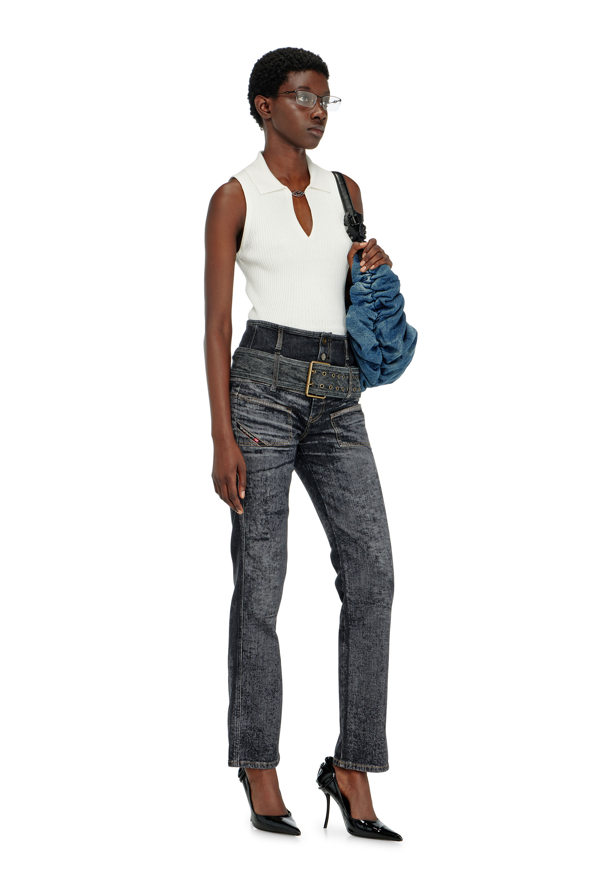 Diesel - M-LILITA, Top polo smanicato a costine in misto seta Donna in Bianco - 2