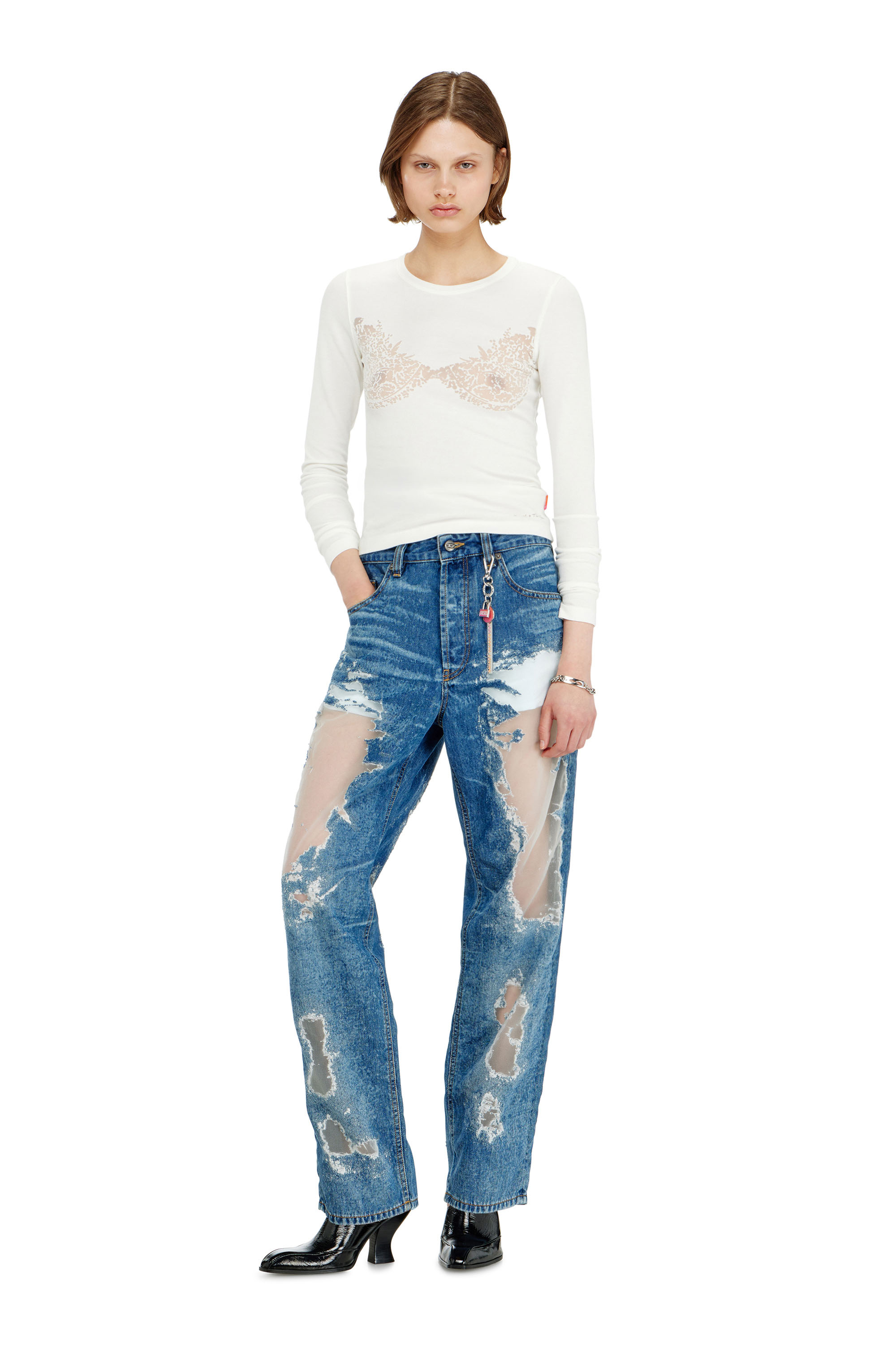 Diesel - PR-T-MOKKI-LS-R, Top con effetto pizzo devor&eacute; Donna in Bianco - 2