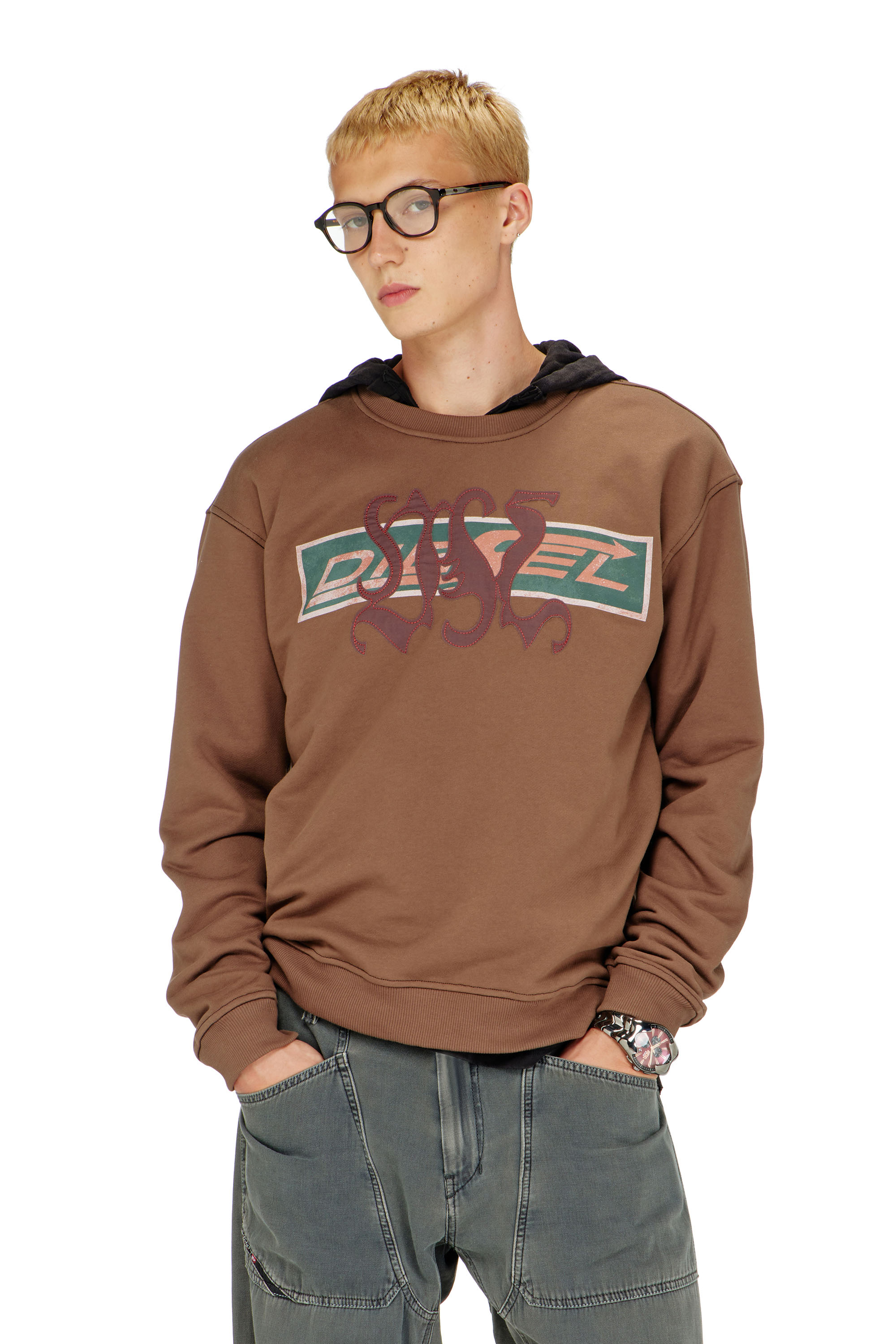 Diesel - S-NORM-AA6, Felpa con stampe grafiche e patch Uomo in Marrone - 1