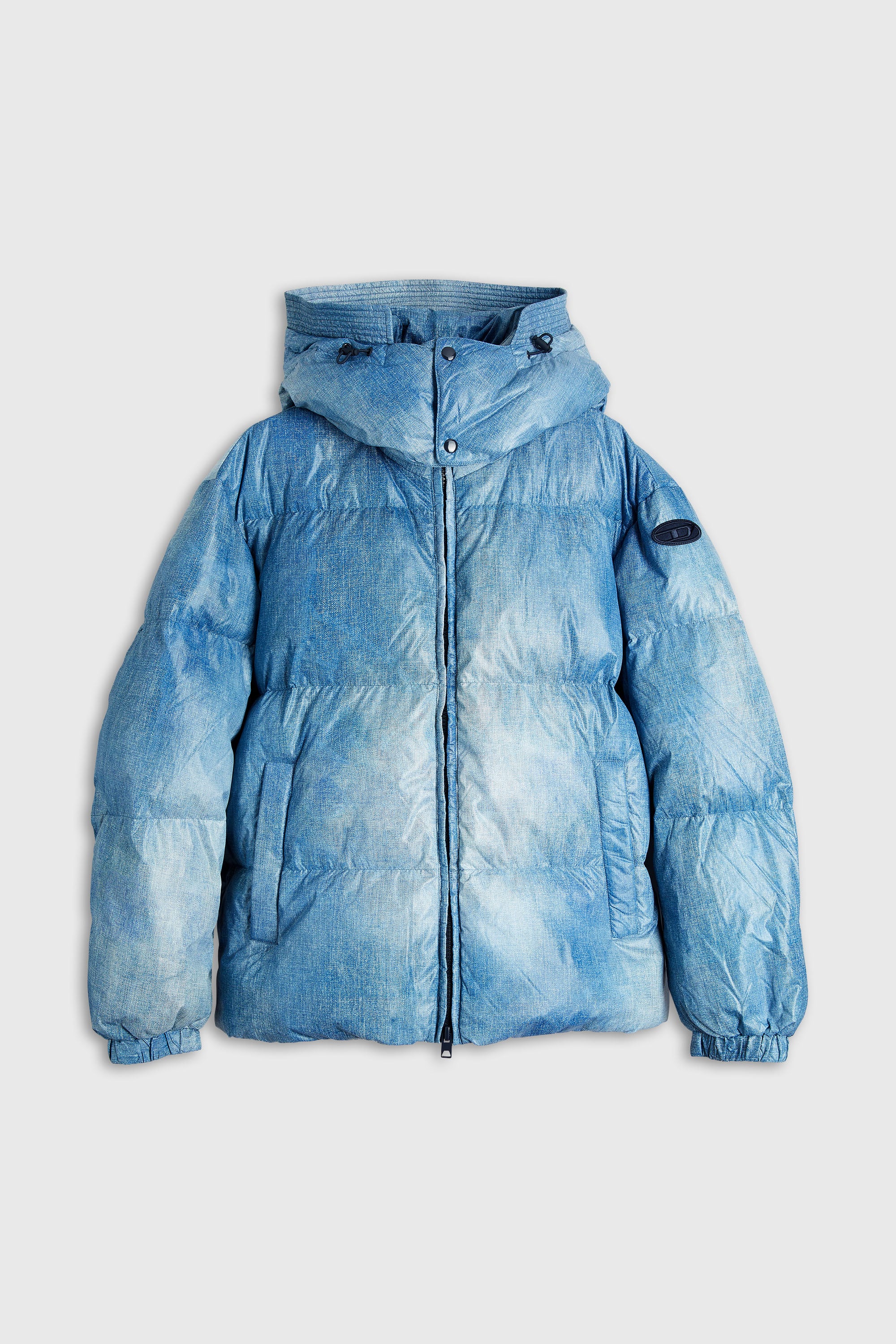 Diesel - W-ROLLY-WRD-BFBN, Giacca imbottita con cappuccio e stampa effetto denim Uomo in Blu - 2